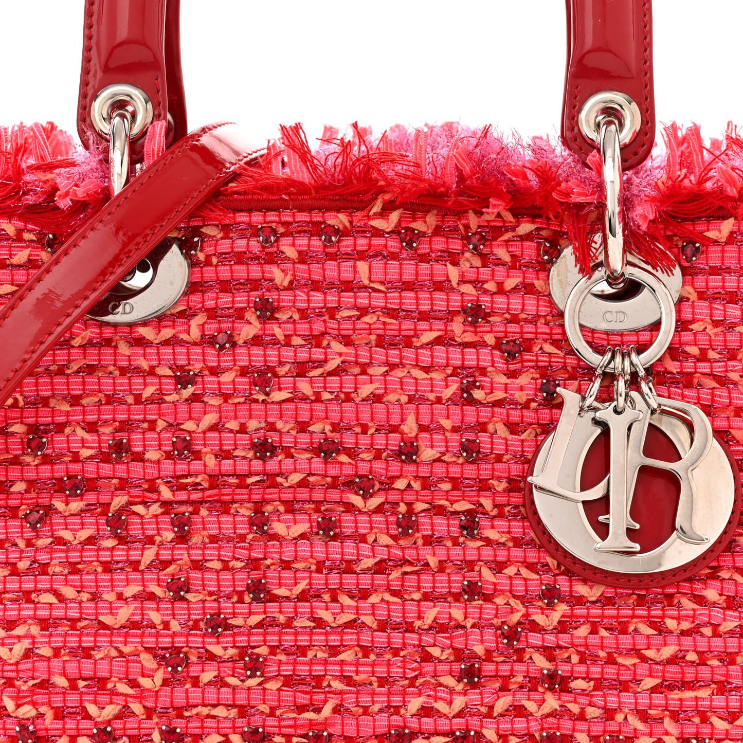 Tweed Fringe Rhinestone Medium Lady Dior Red