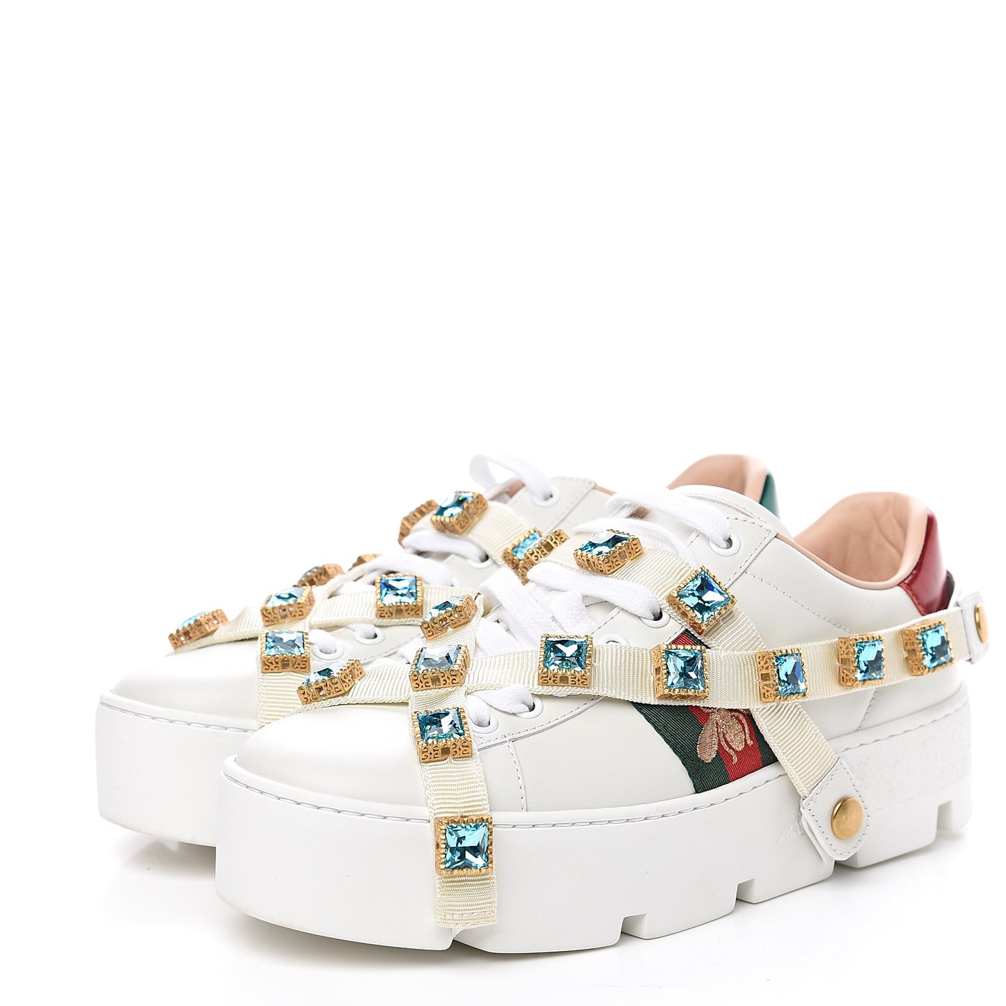 Calfskin Removable Crystals Bee Embroidered Womens Ace Platform Sneakers 37 White