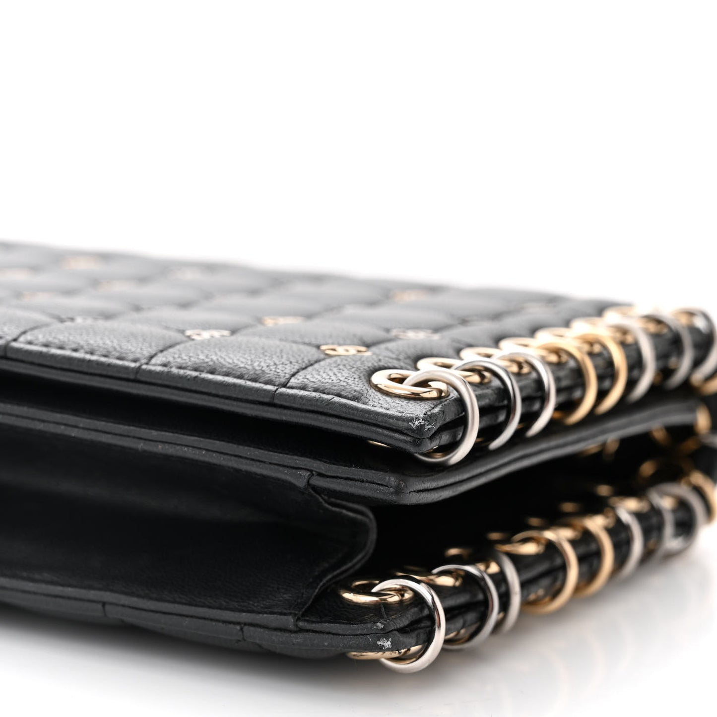 Lambskin Chocolate Bar Piercing CC Studded Small Chain Flap Bag Black