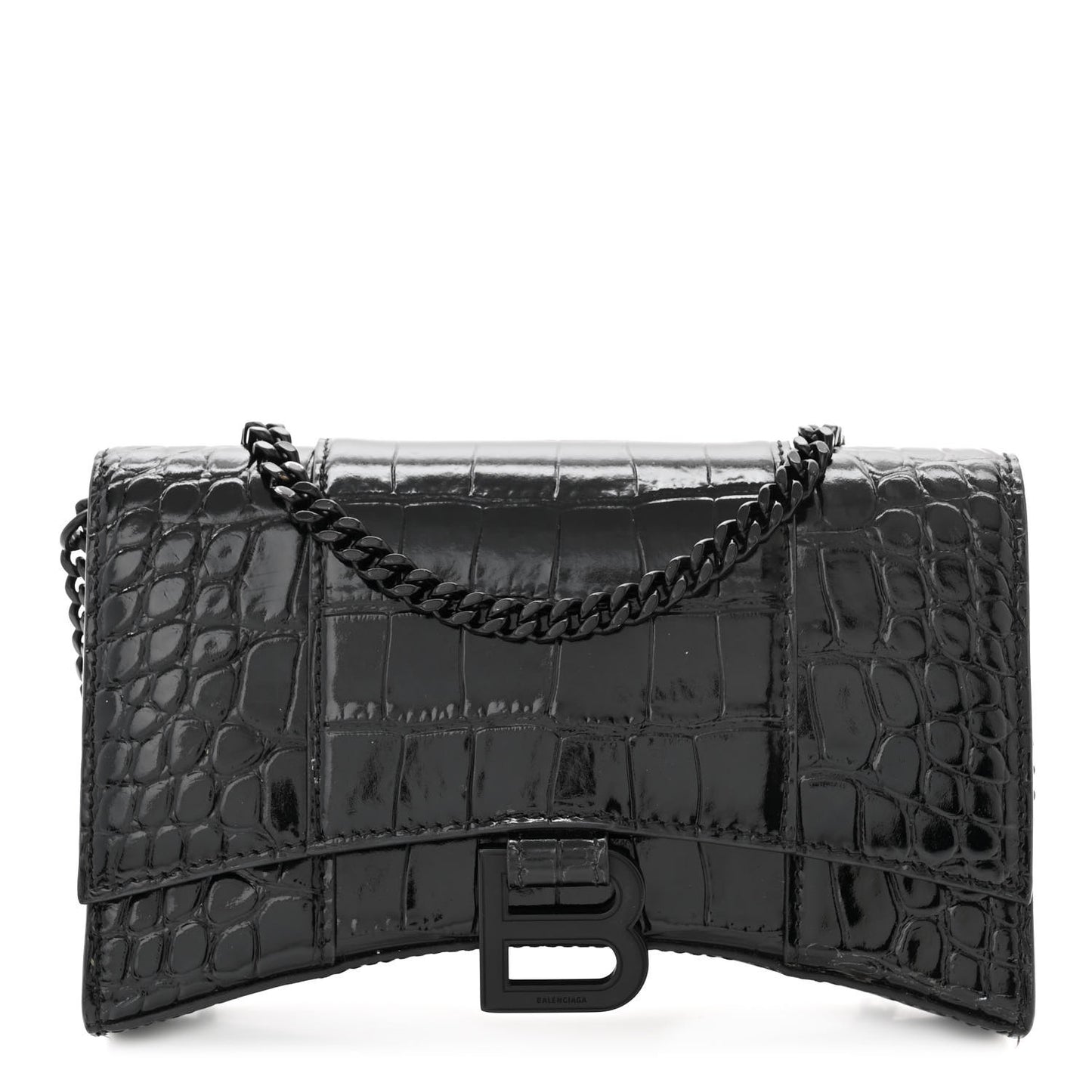 Shiny Calfskin Monochrome Crocodile Embossed Hourglass Chain Bag Black