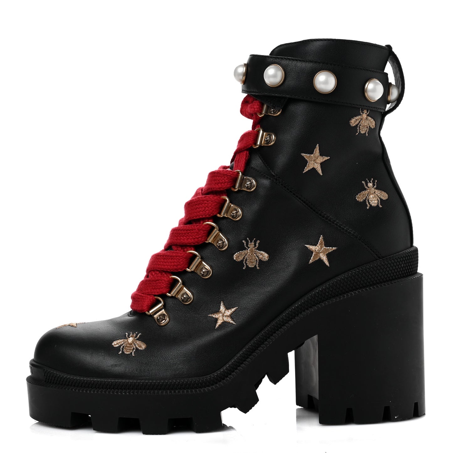 Calfskin Embroidered Lace Up Combat Ankle Boots 38.5 Black