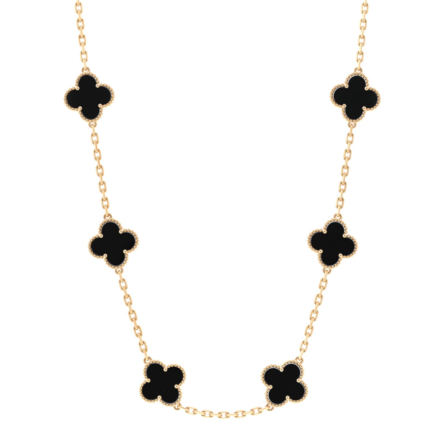 18K Yellow Gold Black Onyx 10 Motifs Vintage Alhambra Necklace