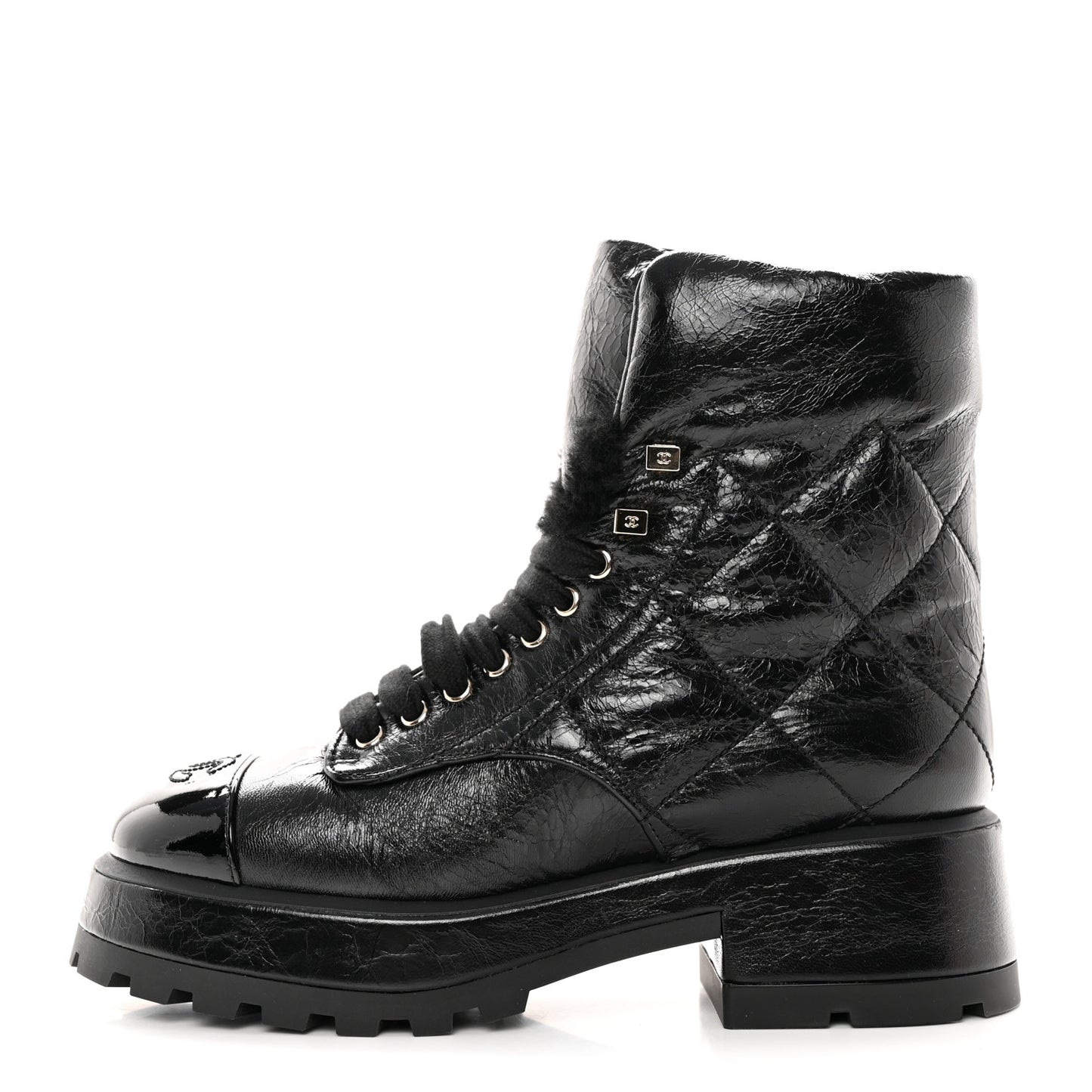 Crumpled Patent Lambskin Calfskin Quilted Lace Up Combat Boots 37.5 Black