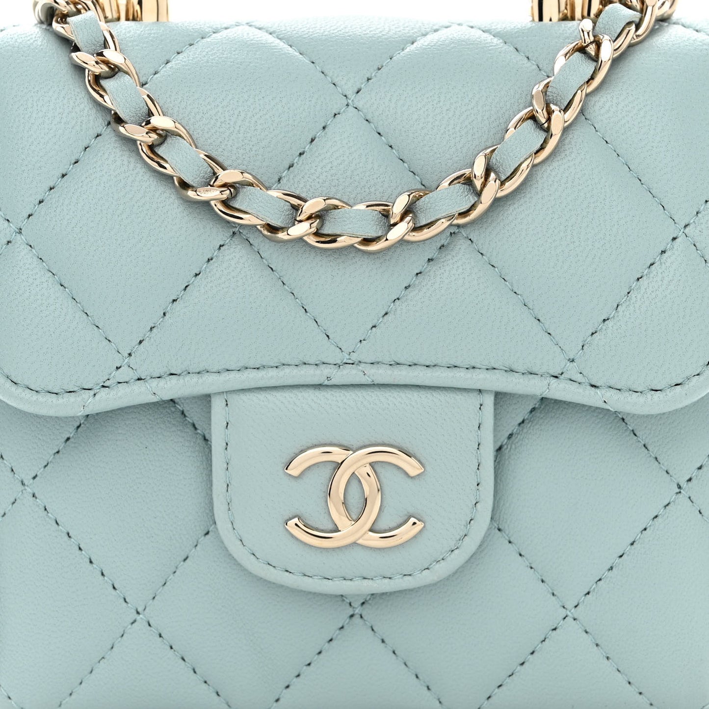 Lambskin Quilted Top Handle Flap Clutch With Chain Light Blue