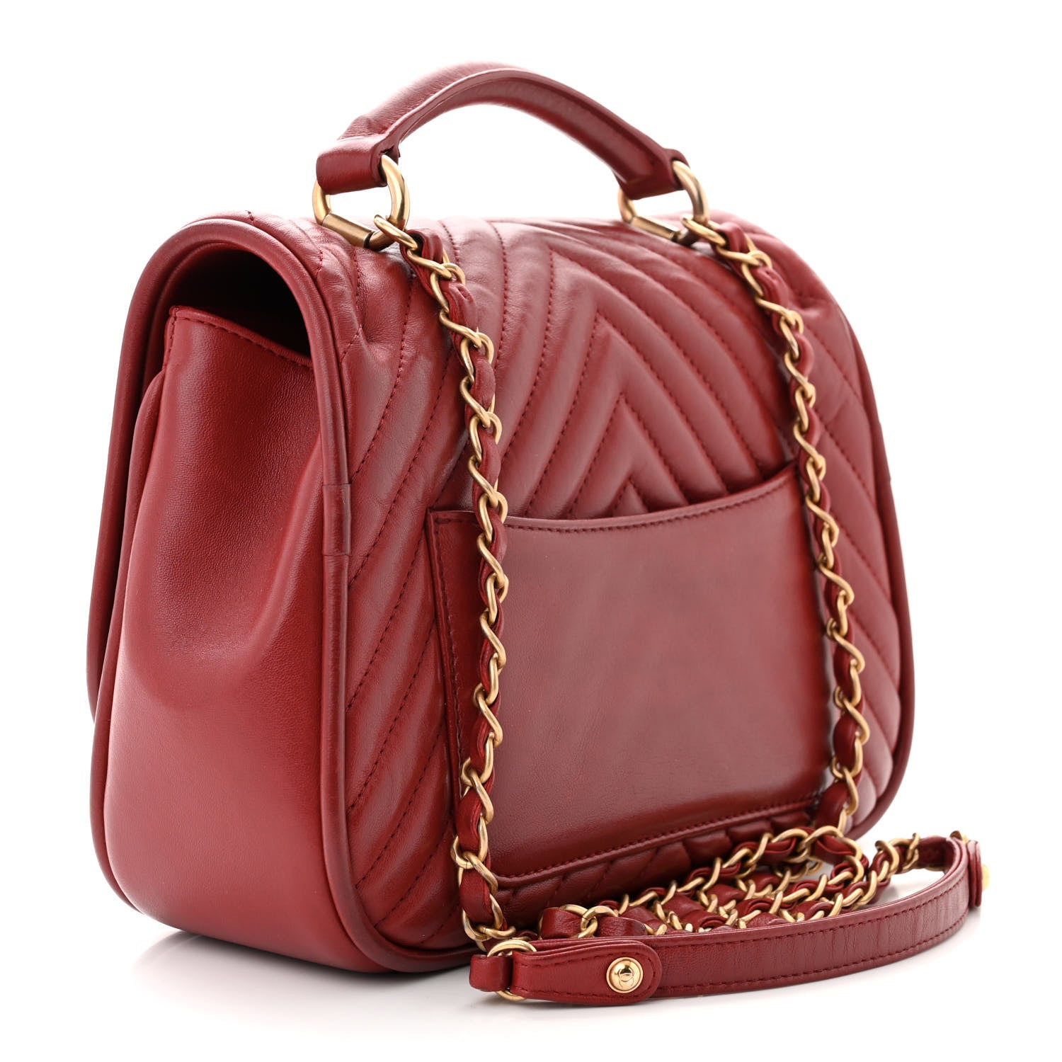 Chanel Lambskin Reverse Chevron Quilted Round Top Handle Flap Red 3 of 11
