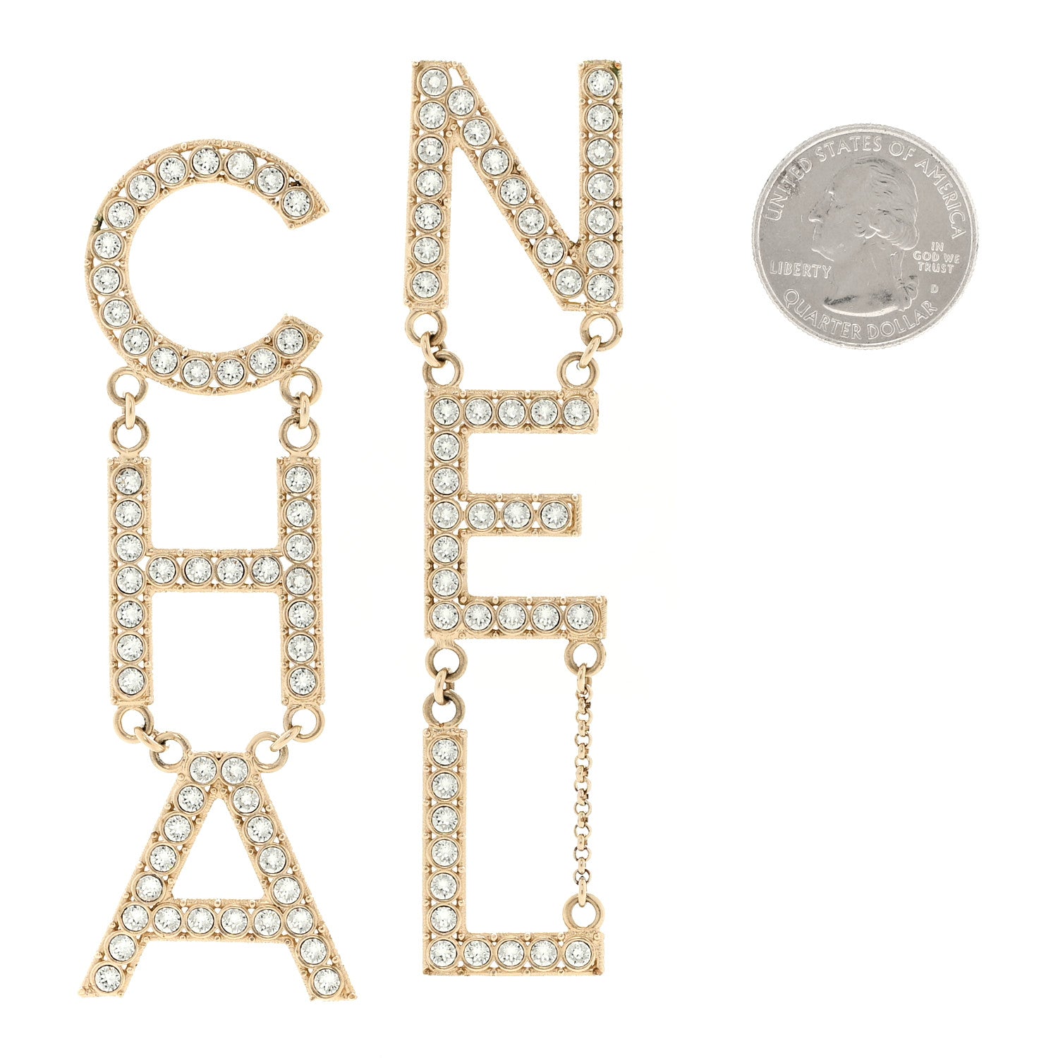 Chanel Crystal Cha-Nel Logo Drop Earrings Gold 2 of 6