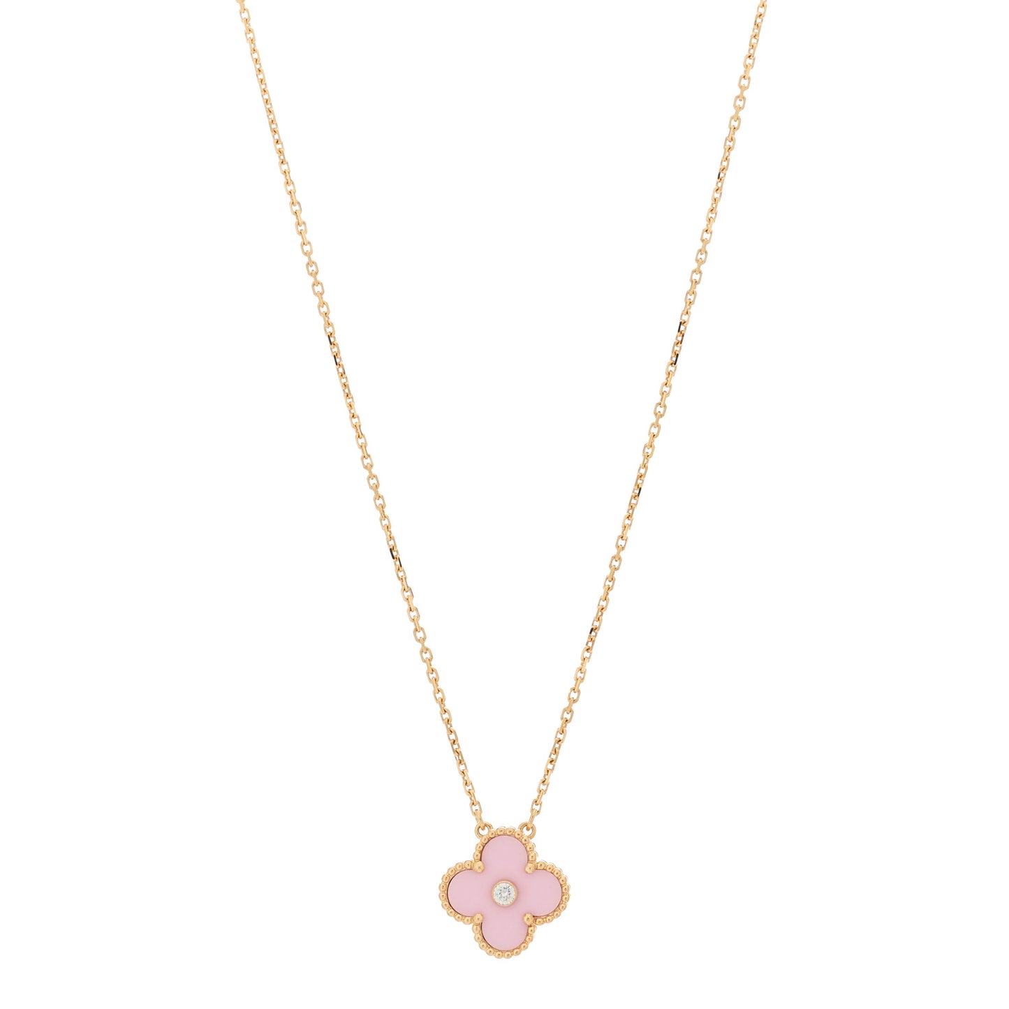 18K Rose Gold Diamond Pink Porcelain Vintage Alhambra Pendant Necklace