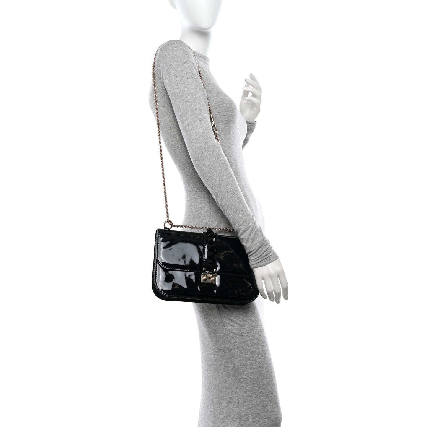 Patent Monochrome Medium Glam Lock Rockstud Flap Black