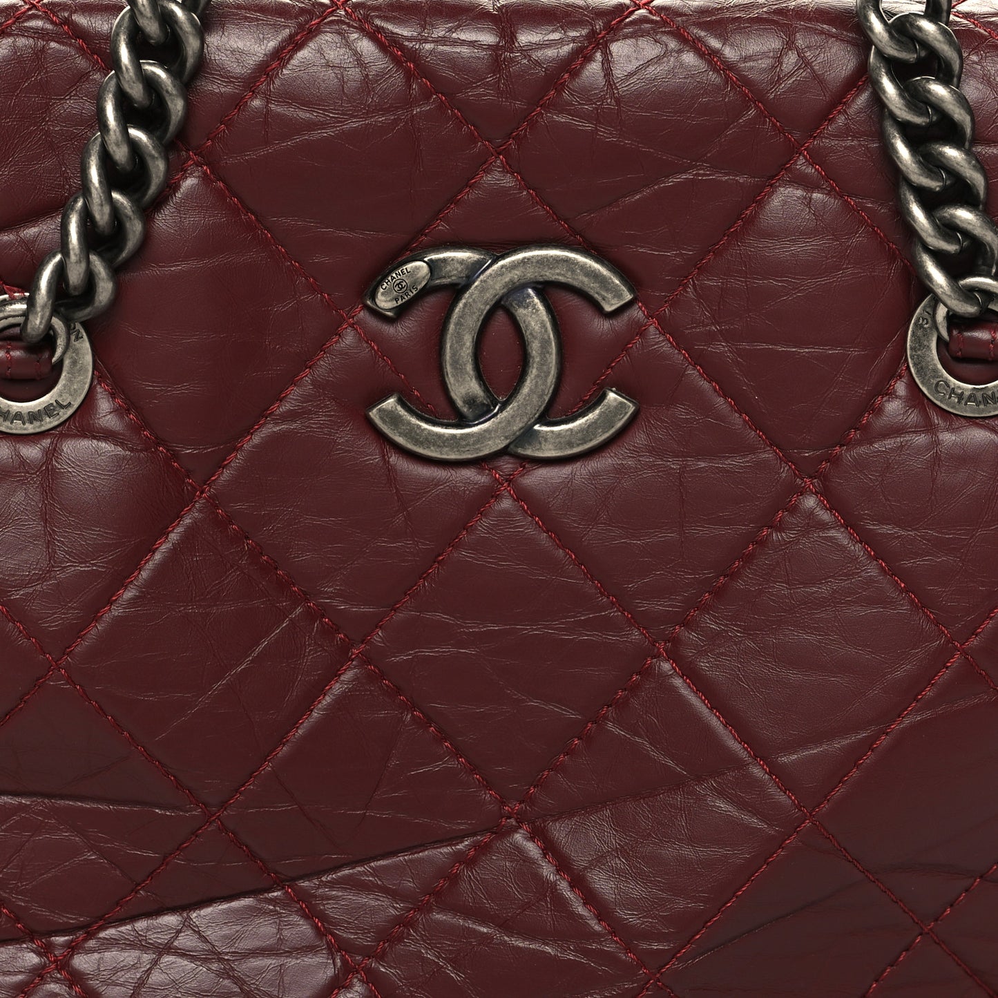 Aged Calfskin Quilted Large Secret Tag Bowling Bag Burgundy