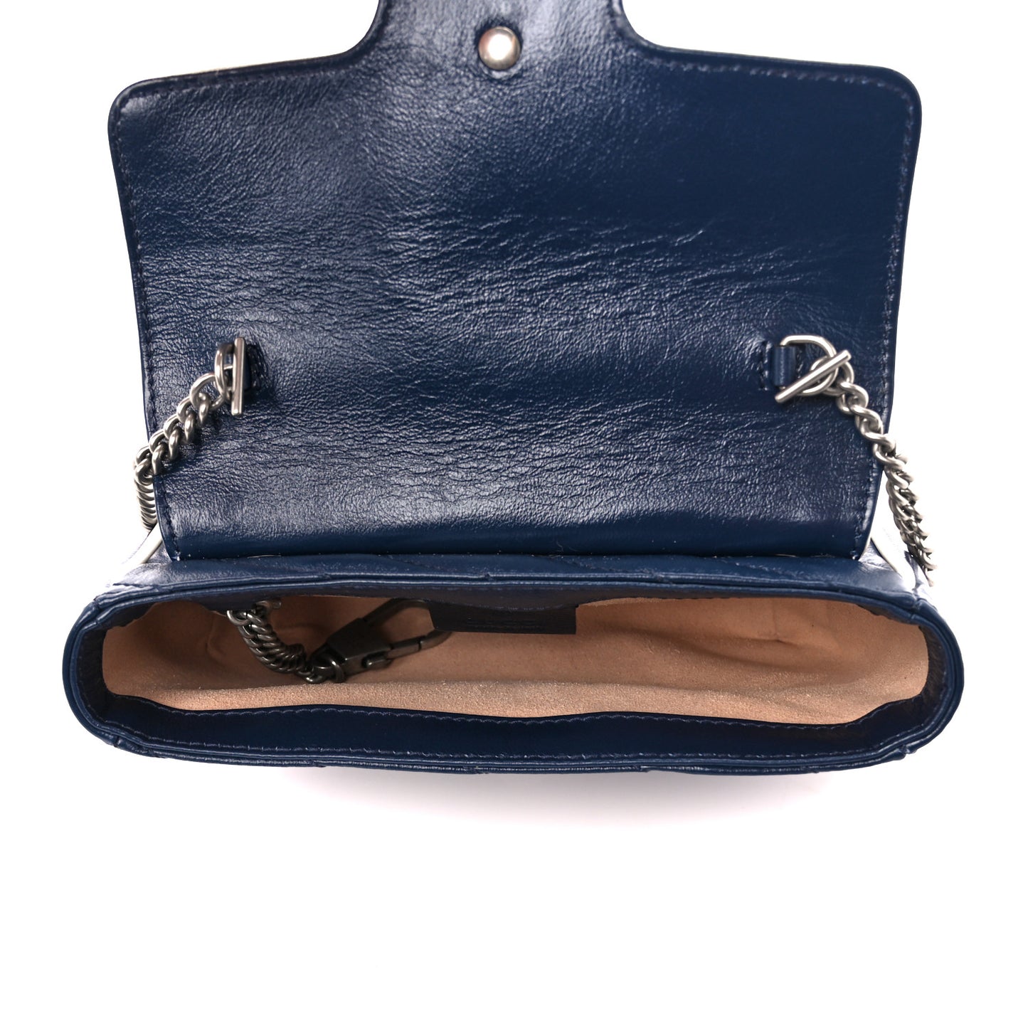 Vintage Effect Calfskin Matelasse Diagonal Super Mini Torchon GG Marmont Shoulder Bag Blue Agata Mystic White