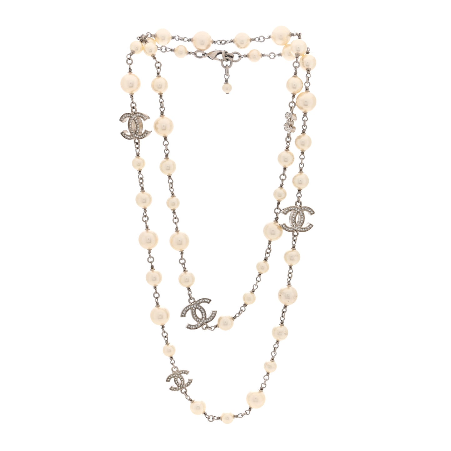 Crystal Pearl CC Long Necklace Silver