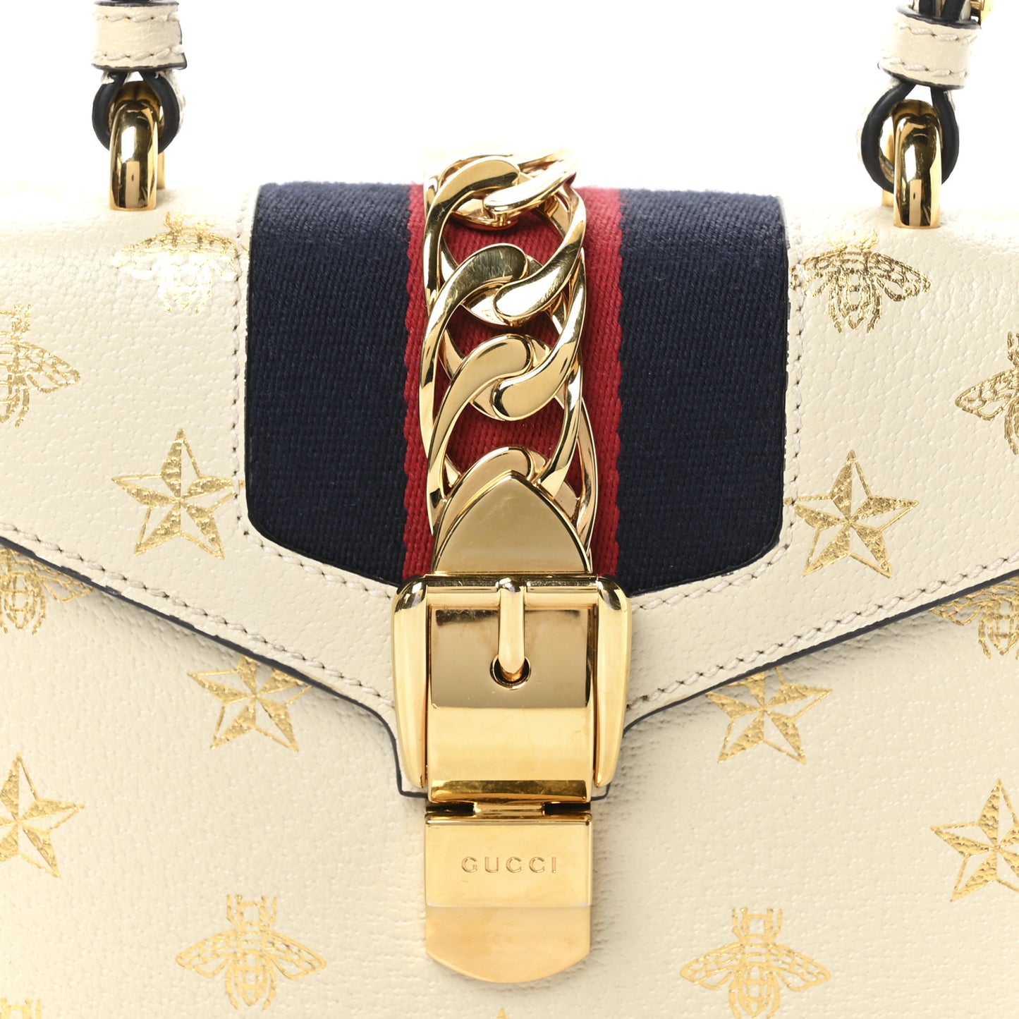 Textured Calfskin Bee Star Print Mini Sylvie Top Handle Bag Mystic White