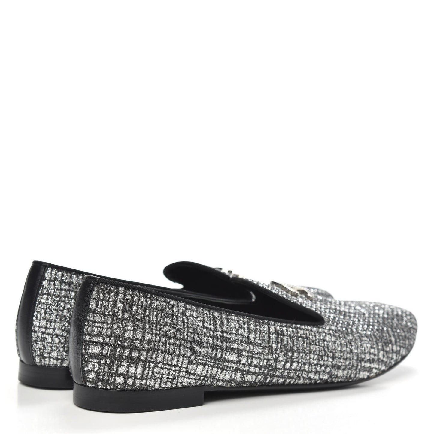 Fantasy Fabric Grosgrain CC Mocassin Loafers 39 Silver Black