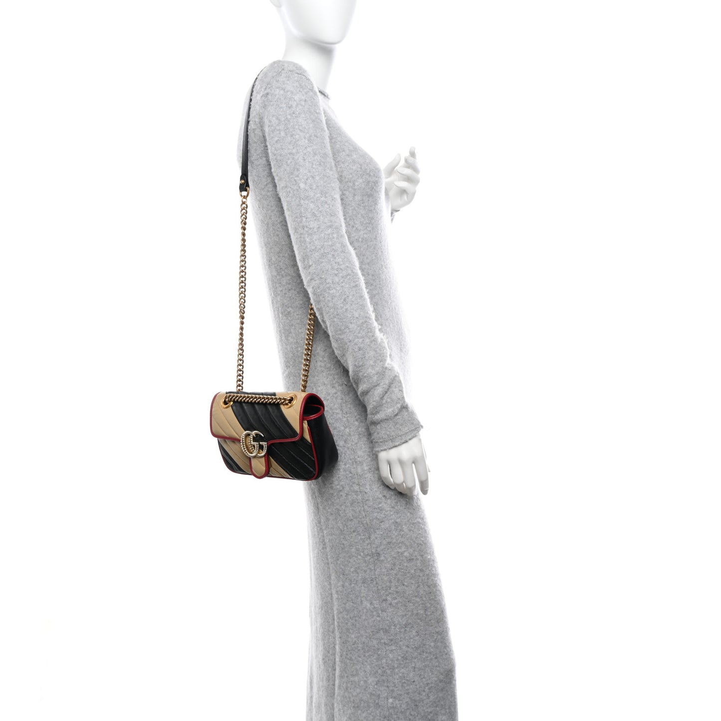 Vintage Effect Calfskin Matelasse Diagonal Striped Mini Torchon GG Marmont Shoulder Bag Black Beige