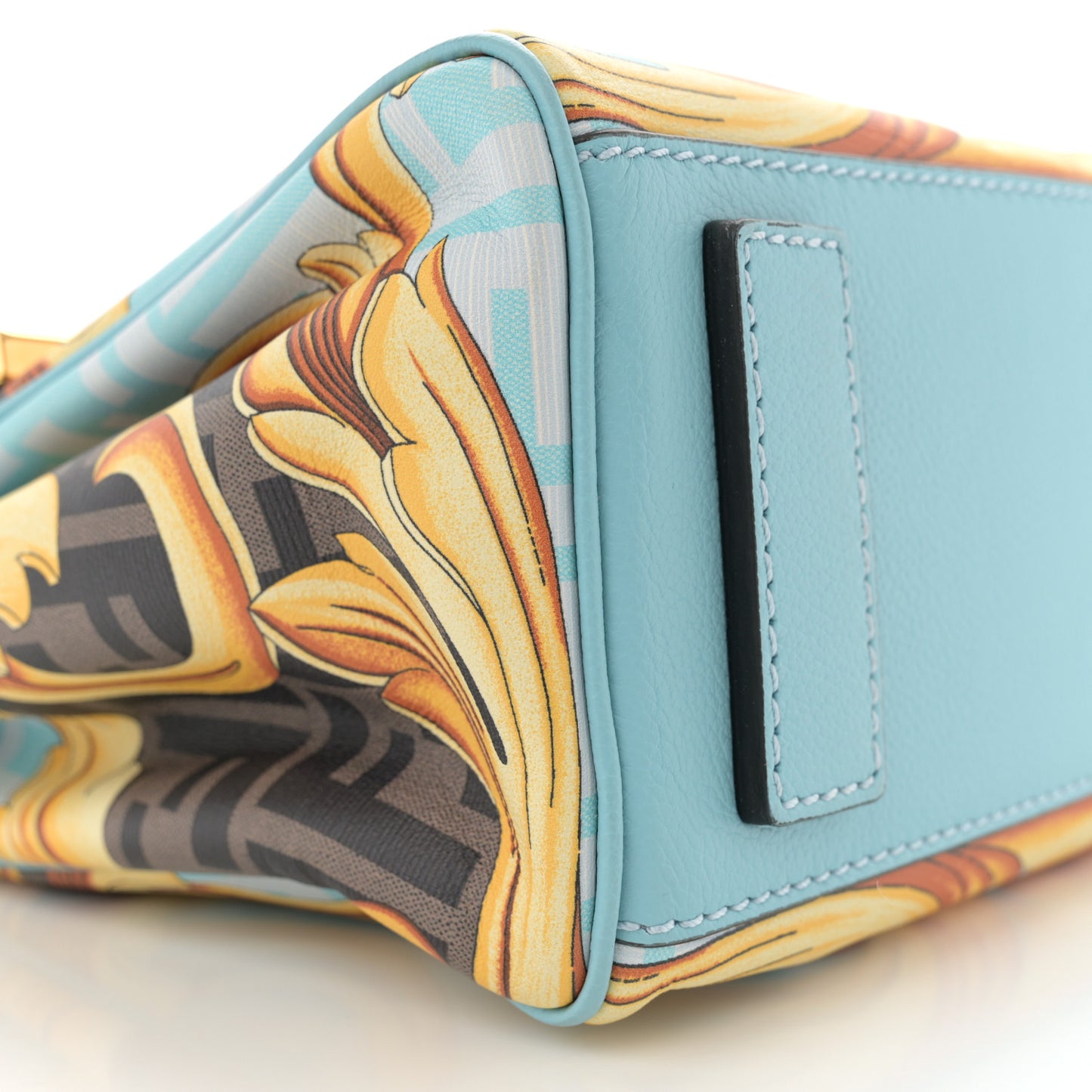 X FENDI Grained Calfskin Fendace La Medusa Medium Top Handle Bag Baby Blue Multicolor
