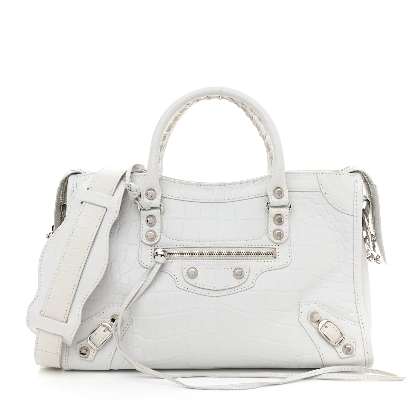 Matte Supple Lambskin Crocodile Embossed Classic Silver Hardware S City White