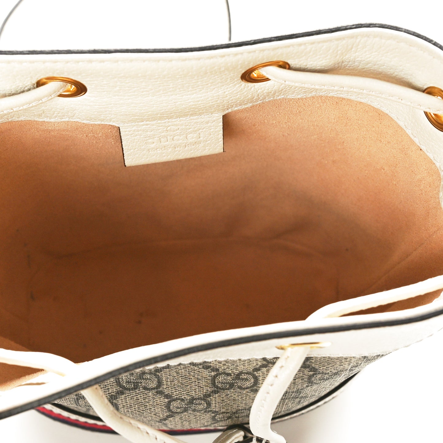GG Supreme Monogram Textured Calfskin Web Mini Ophidia Bucket Bag Beige Ebony Mystic White
