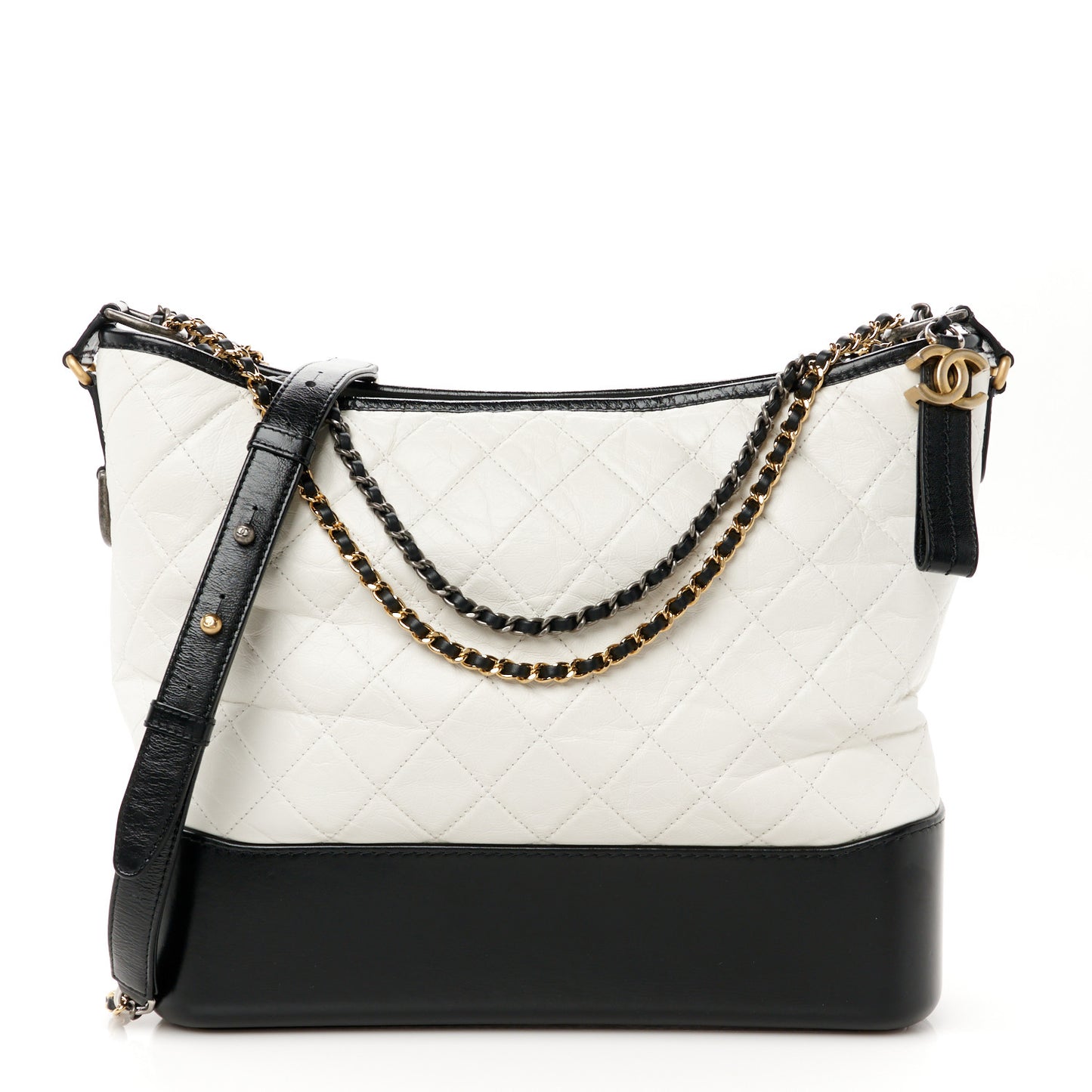 Aged Calfskin Quilted Large Gabrielle Hobo White Black