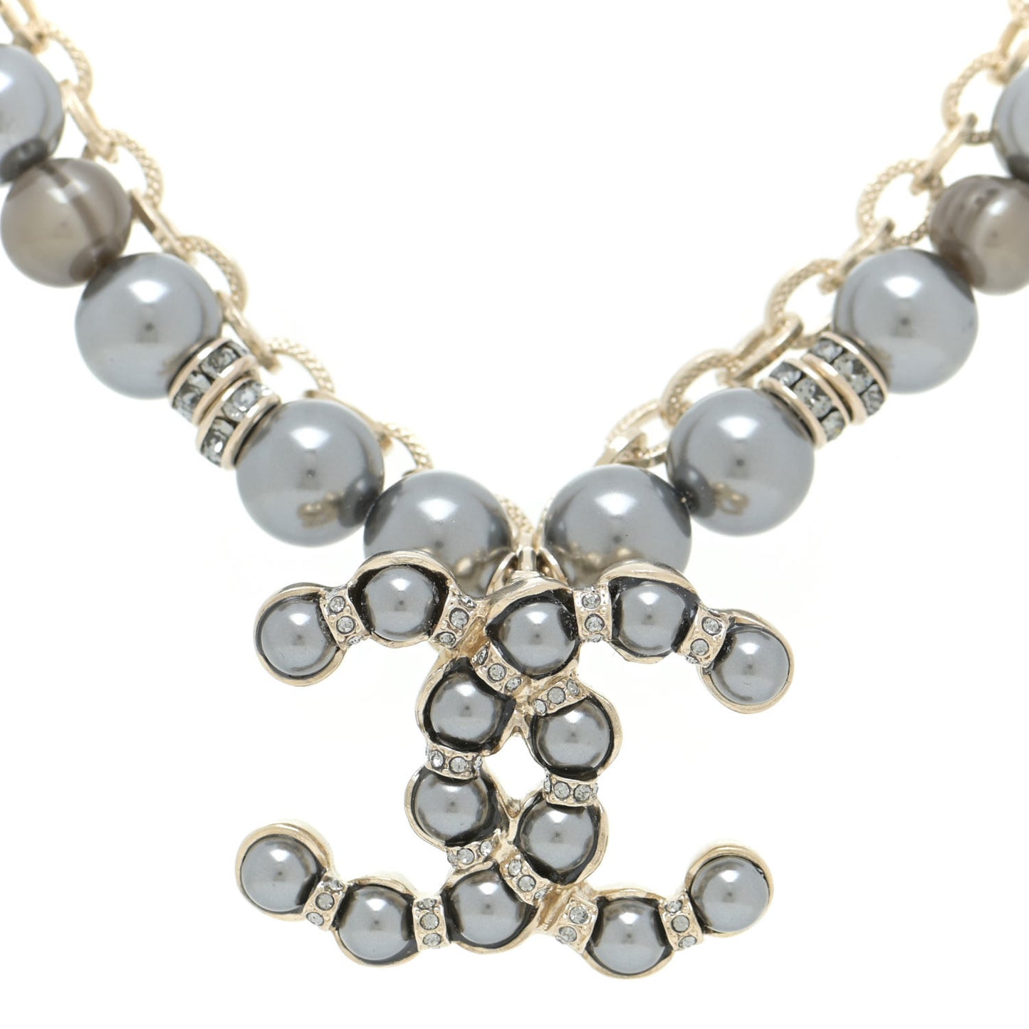 Crystal Pearl Nefertiti CC Double Chain Pendant Necklace Gold Dark Grey