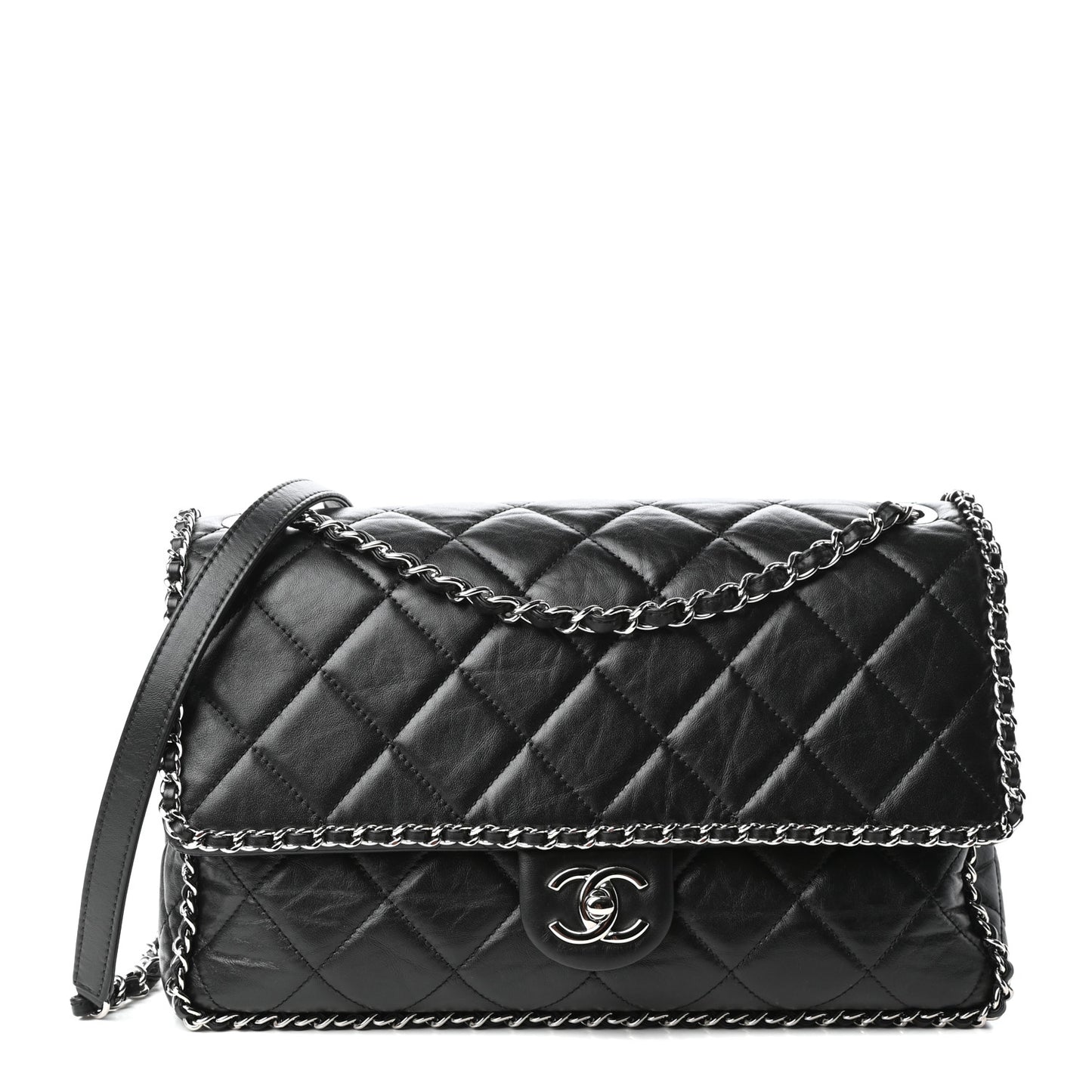 Crumpled Calfskin Quilted Large Chain All Over Flap Bag Black