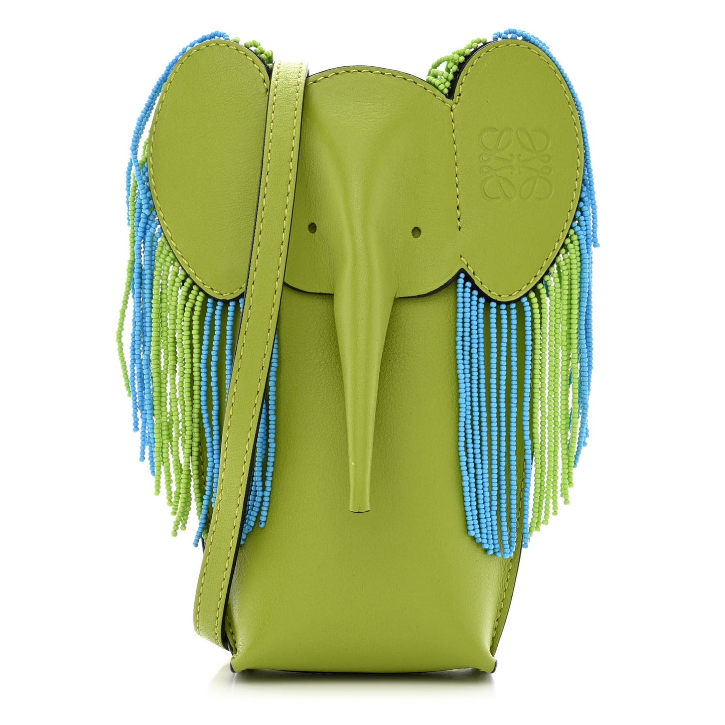 Calfskin Fringe Elephant Pouch Crossbody Bag Green