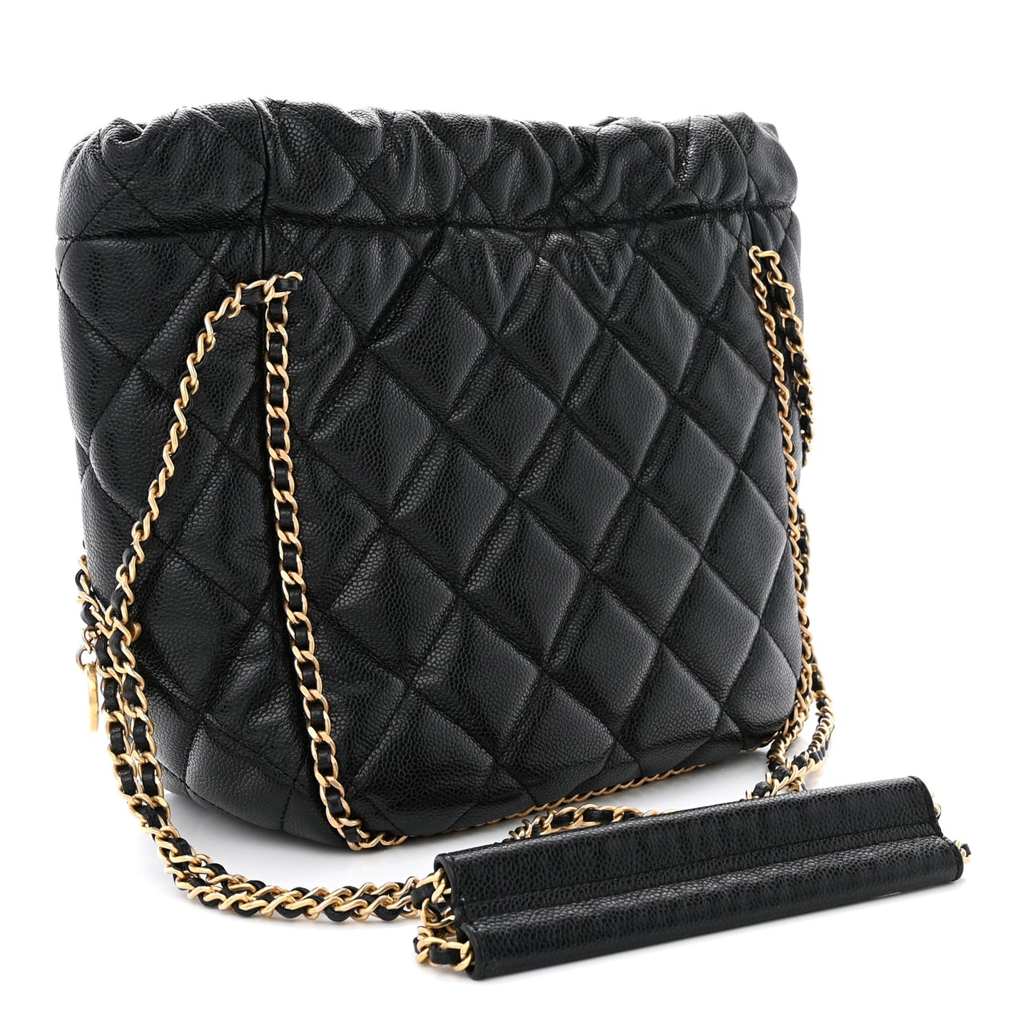 Caviar Quilted Chain Around Multi Chain Bucket Drawstring Bag Black