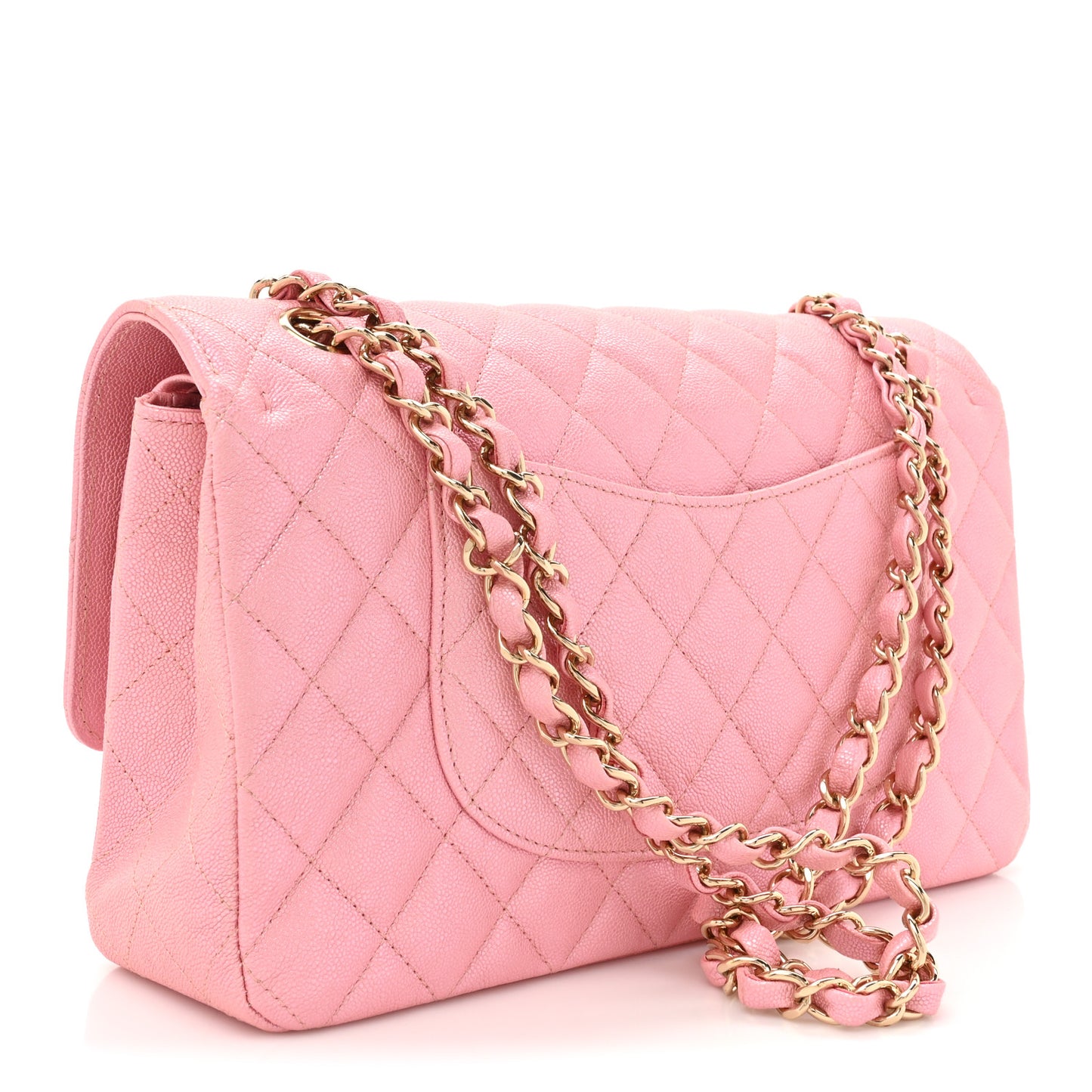 Iridescent Caviar Quilted Medium Double Flap Rose Pink