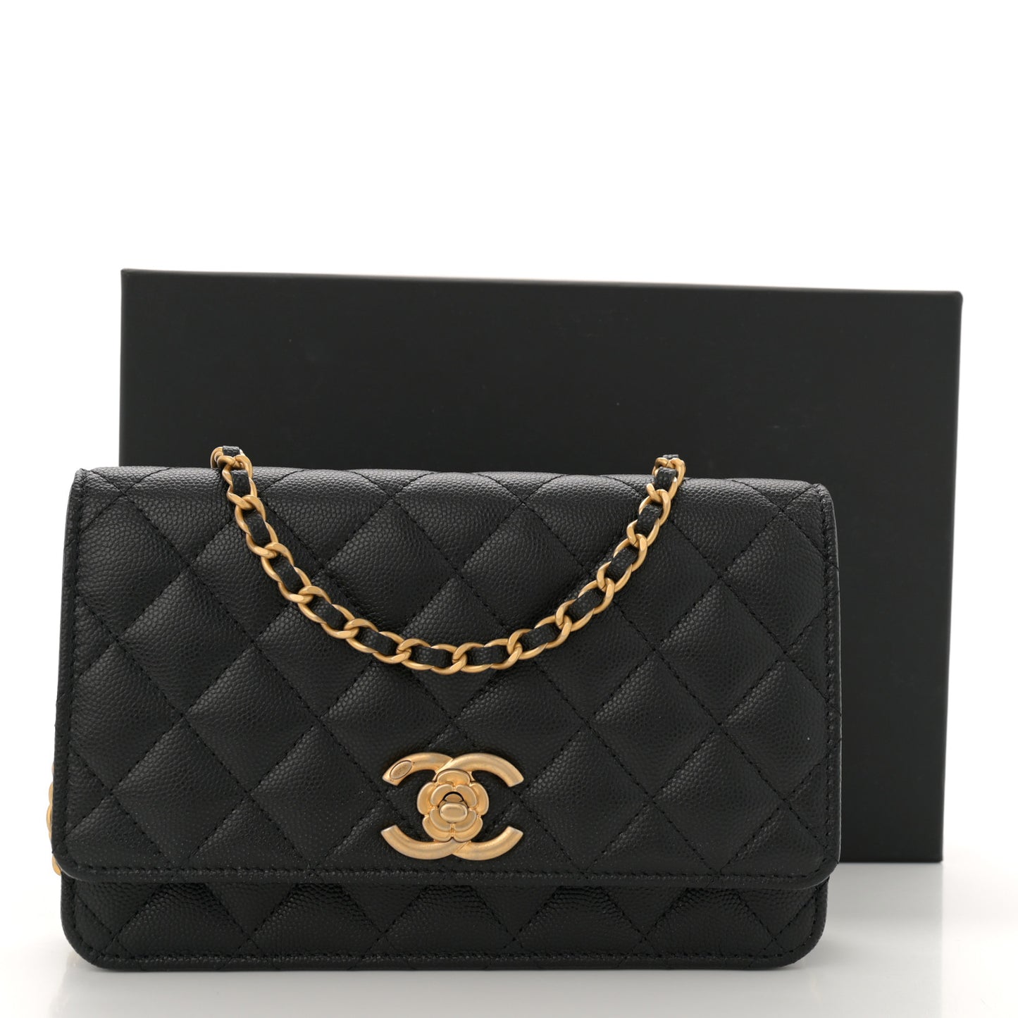 Caviar Quilted Camellia Wallet On Chain WOC Black