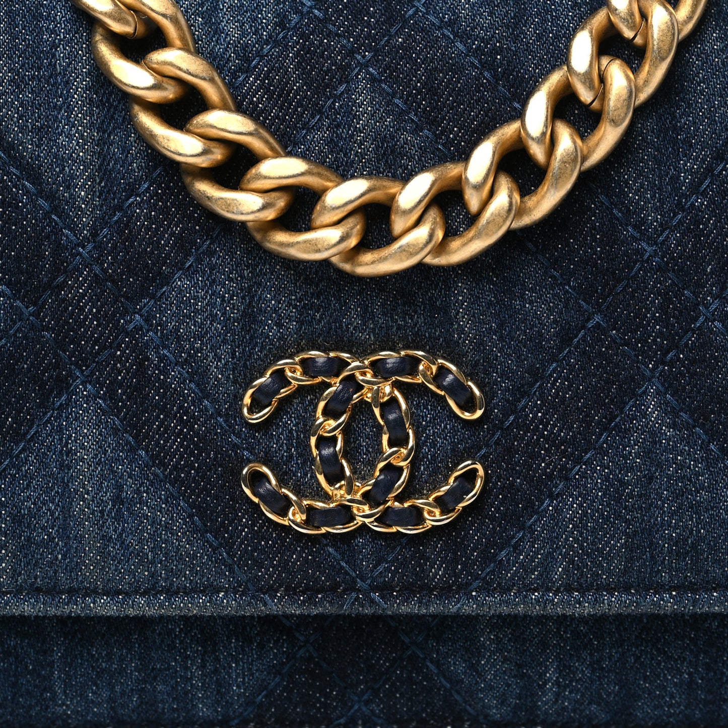 Denim Quilted Chanel 19 Wallet On Chain WOC Blue