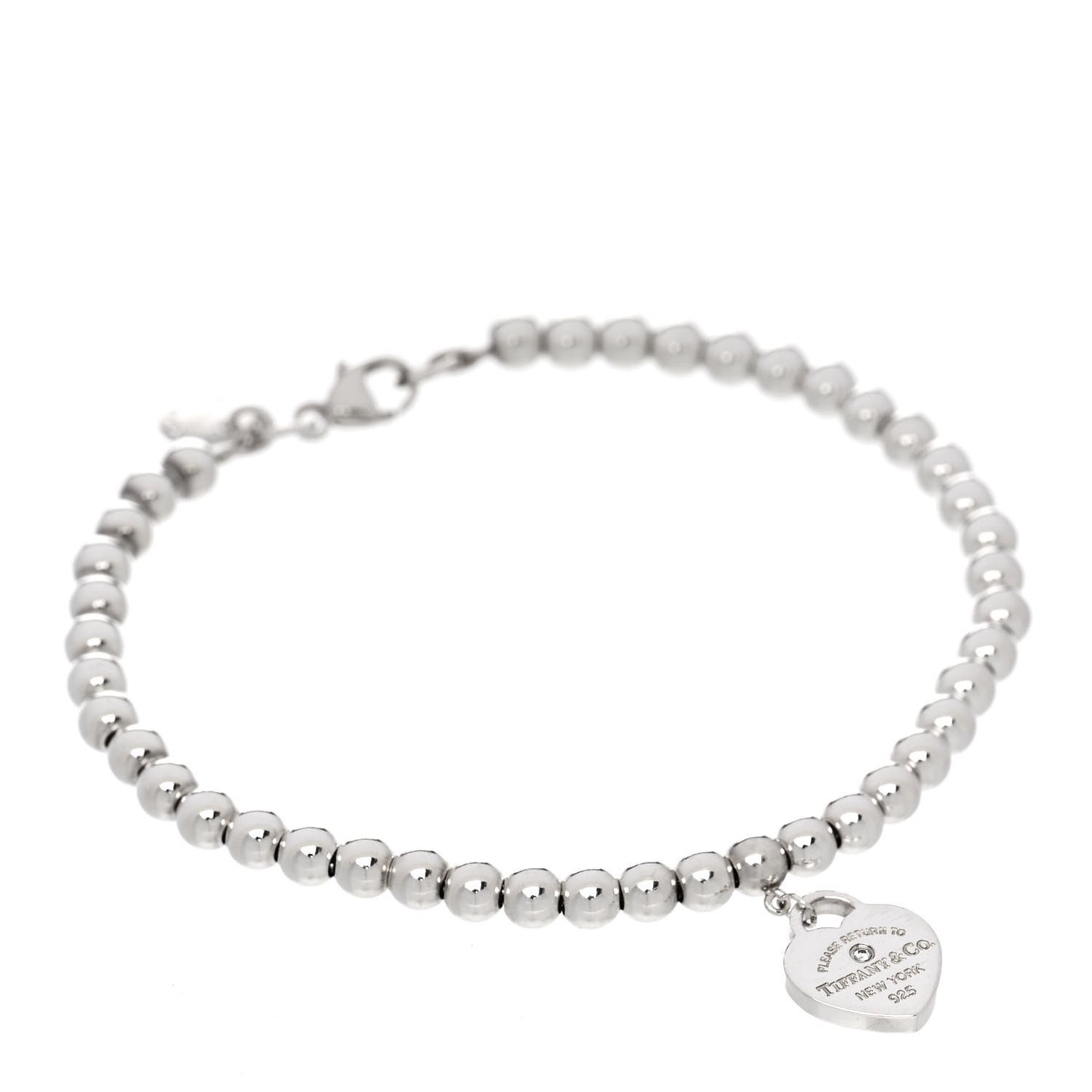 Sterling Silver Enamel Diamond 4mm Return to Tiffany Heart Tag Bead Bracelet Blue