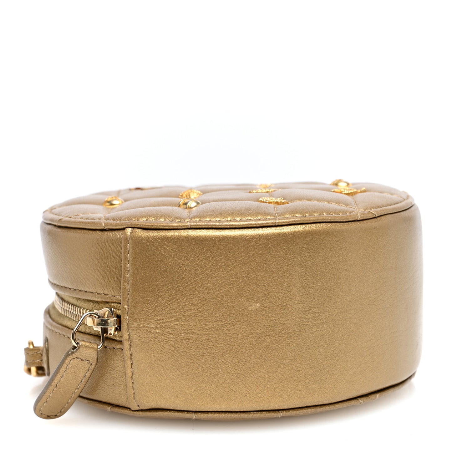 Metallic Lambskin Quilted Egyptian Amulet Round Clutch With Chain Gold