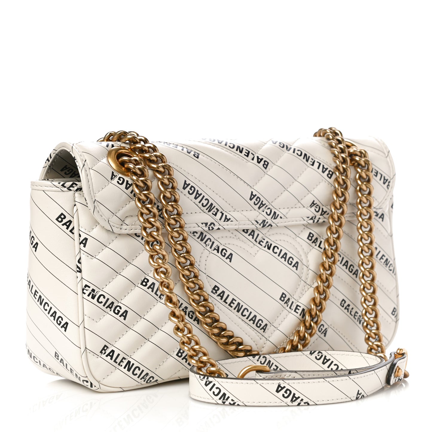 X BALENCIAGA Calfskin Matelasse Logo Print Small GG Marmont Shoulder Bag White