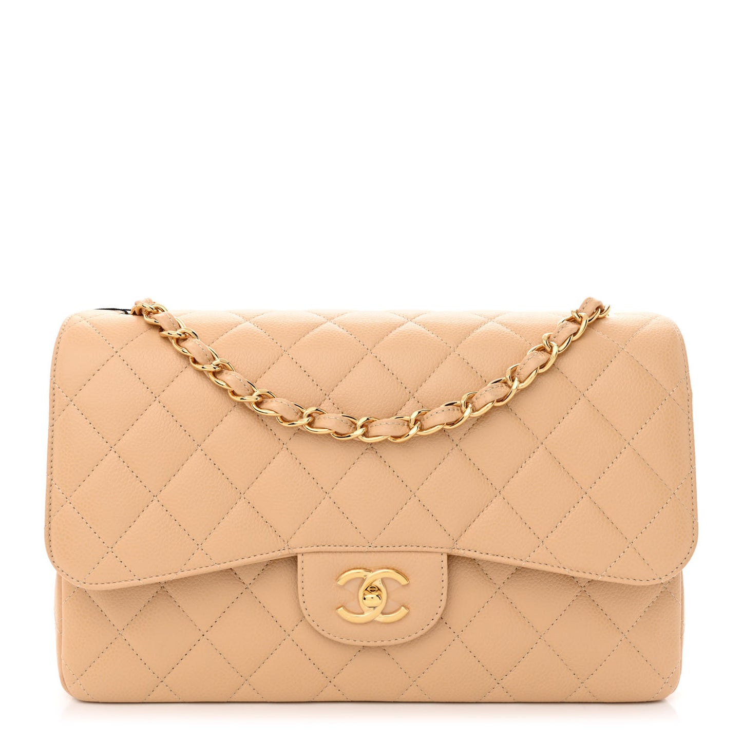Caviar Quilted Jumbo Double Flap Beige