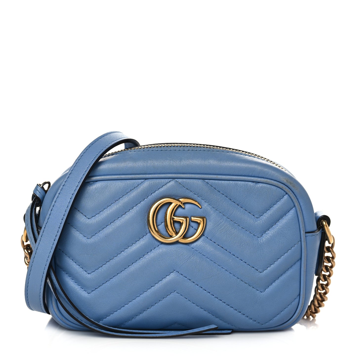 Calfskin Matelasse Mini GG Marmont Chain Shoulder Bag Clear Sky Blue