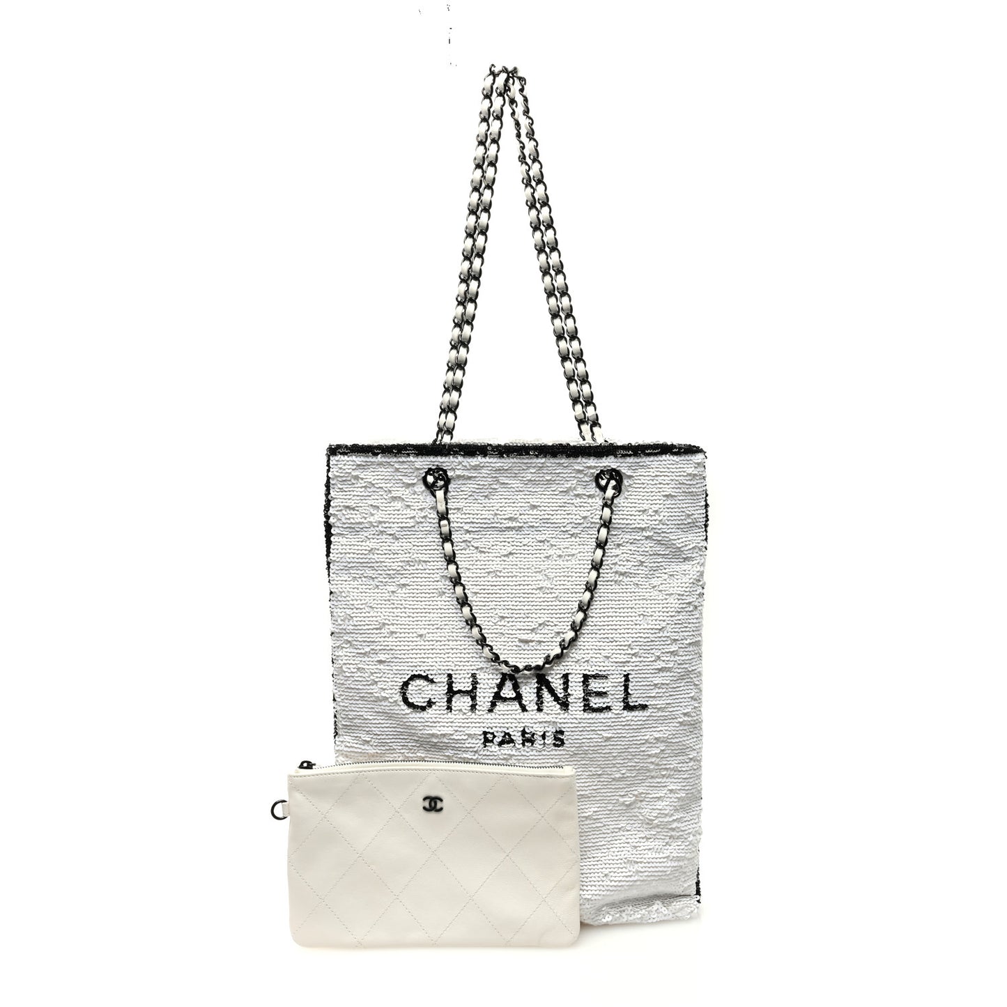 Sequin Logo Shopping Tote White Black