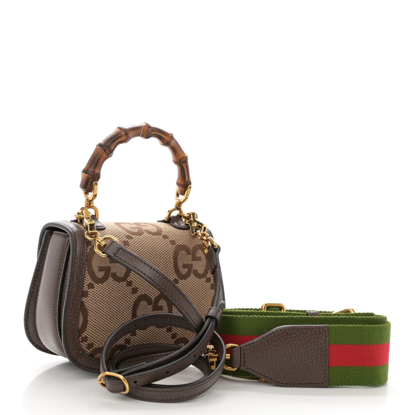 Monogram Jumbo GG Textured Dollar Calfskin Web Mini Bamboo 1947 Top Handle Bag Camel Ebony New Acero