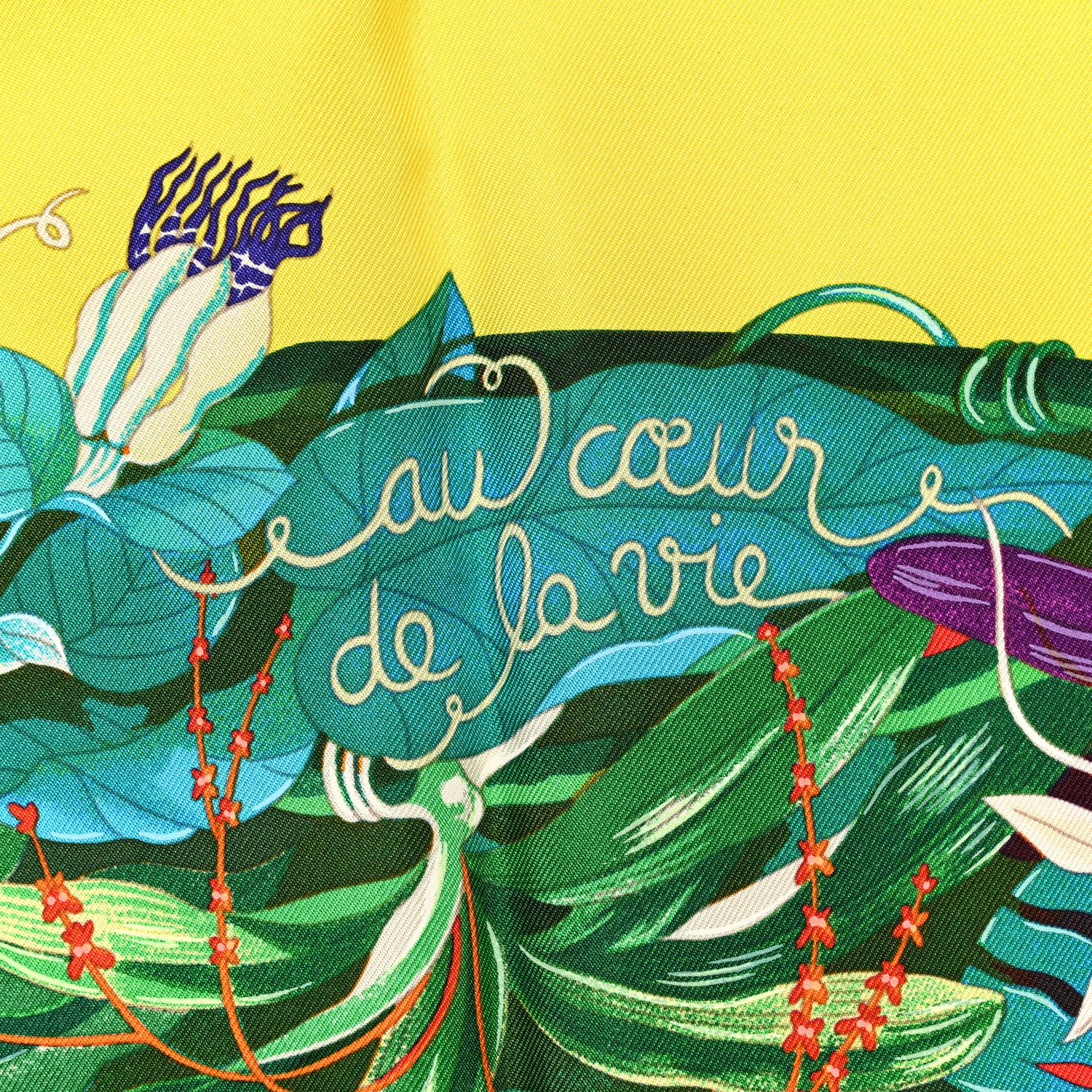 Hermes Silk Au Coeur de la Vie Scarf 90 Jaune Vif Turquoise Vert 4 of 6