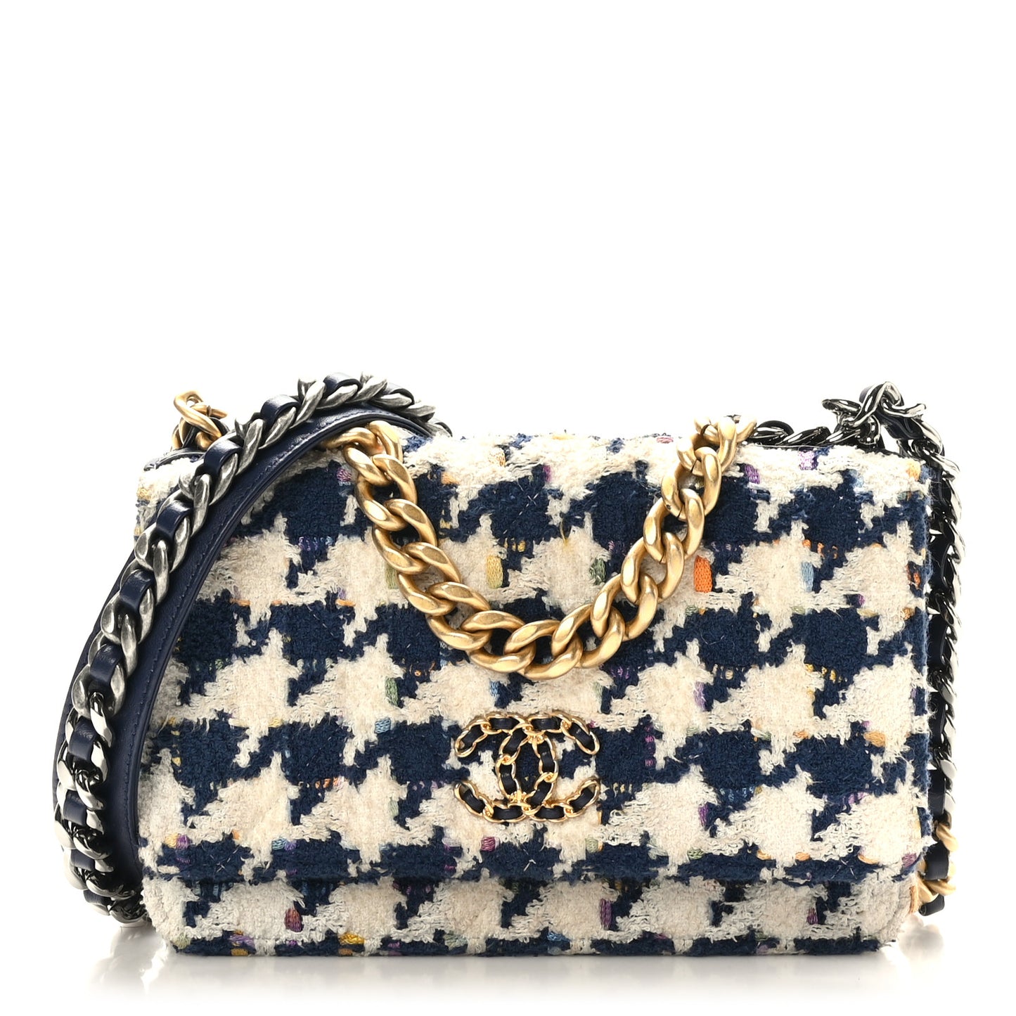 Tweed Quilted Chanel 19 Wallet On Chain WOC Ecru Navy Blue Multicolor