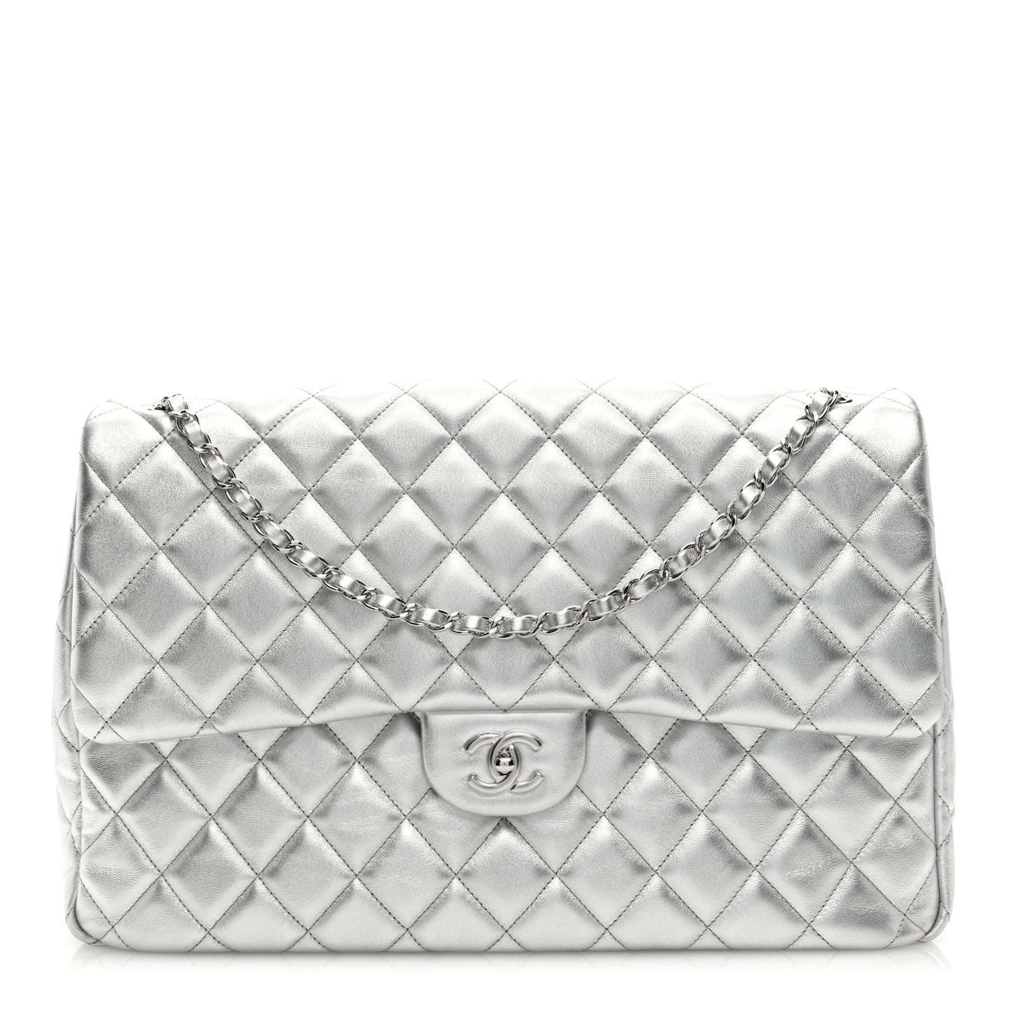 Metallic Lambskin Quilted XXL Travel Flap Bag Silver