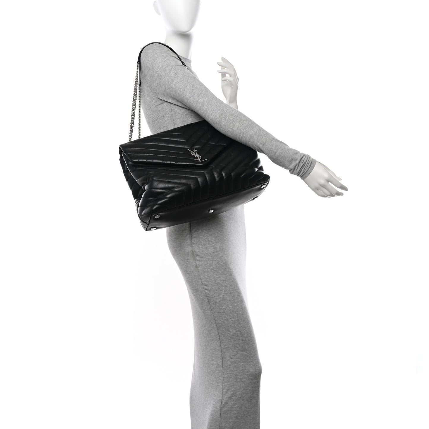Calfskin Y Quilted Monogram Large Loulou Chain Satchel Black