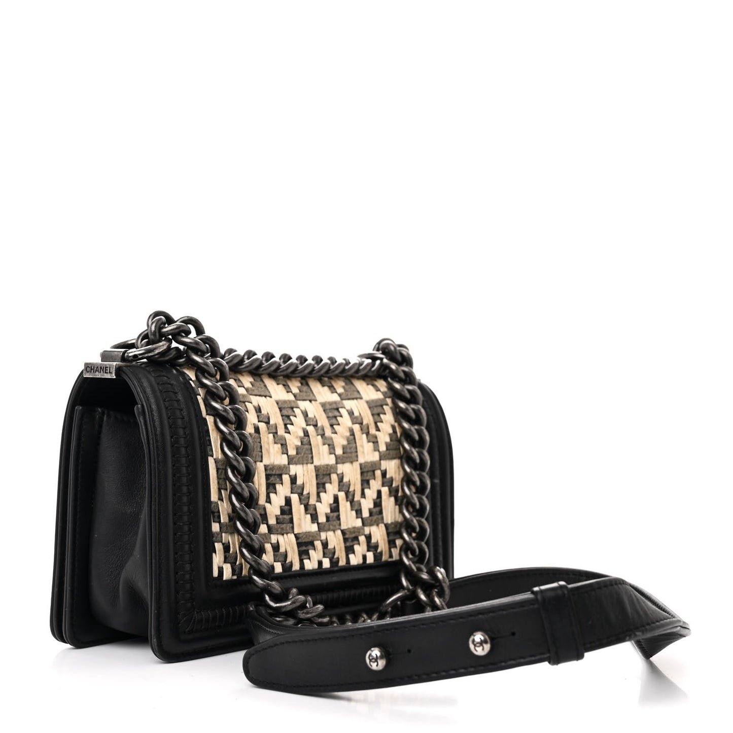 Calfskin Woven Small Boy Flap Black White