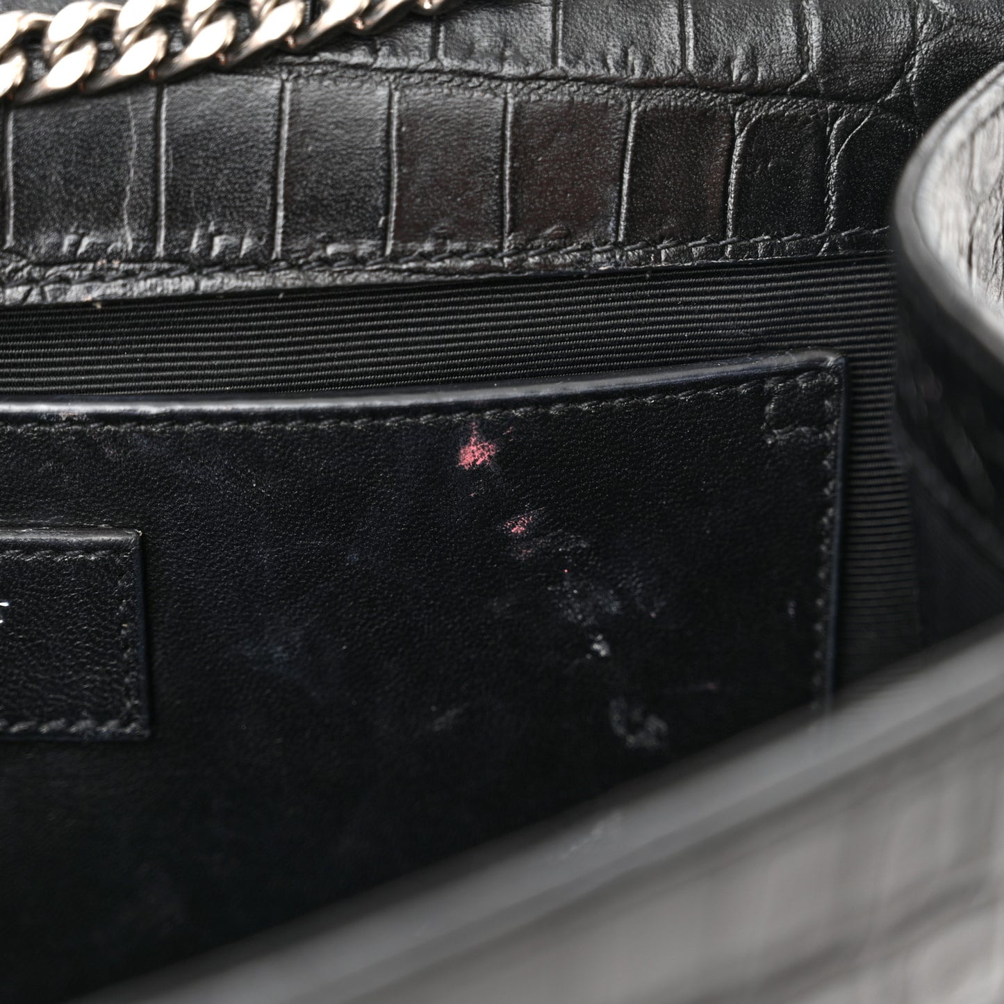Calfskin Crocodile Embossed Small Classic Monogram Kate Tassel Satchel Black