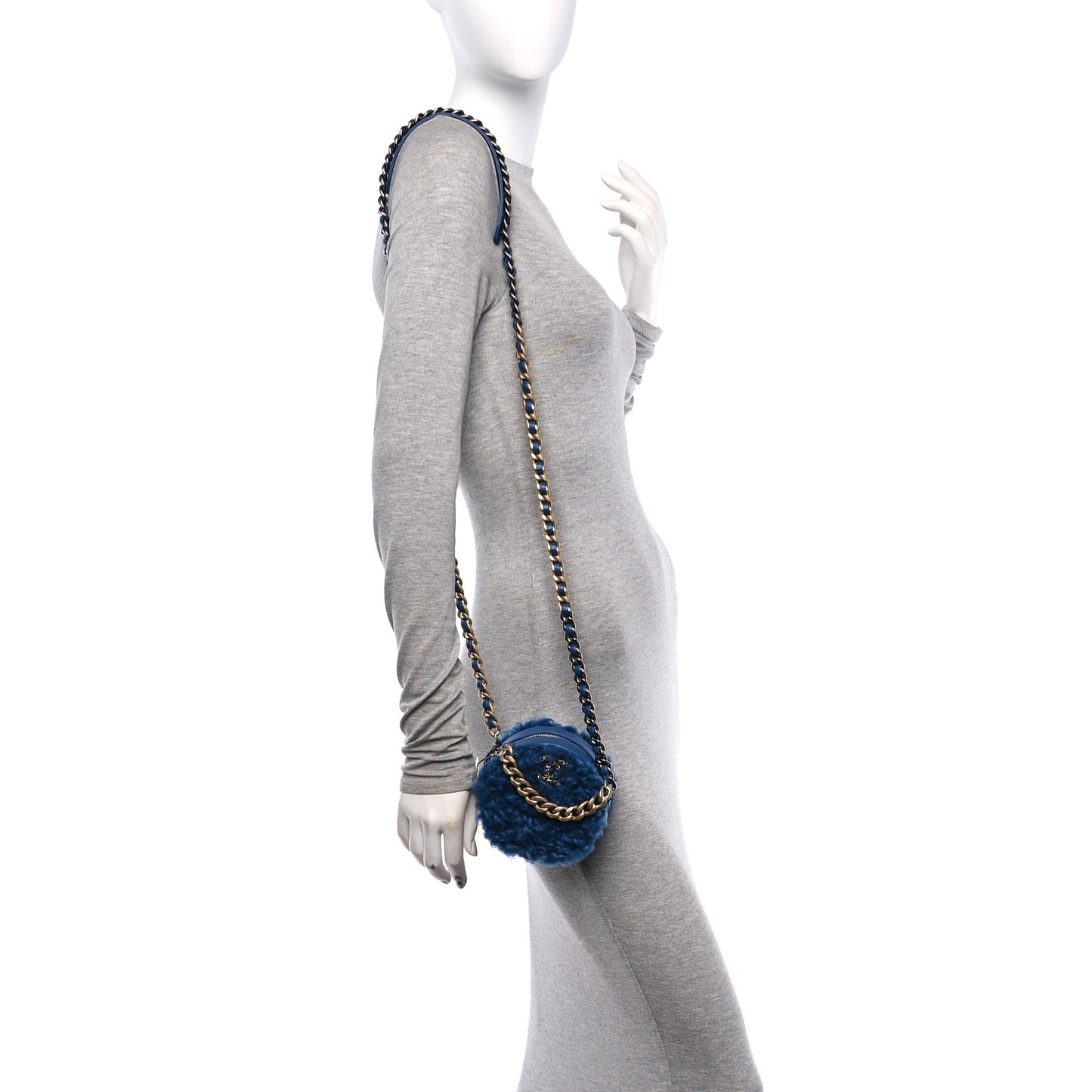 Shearling Sheepskin Chanel 19 Round Clutch With Chain Blue