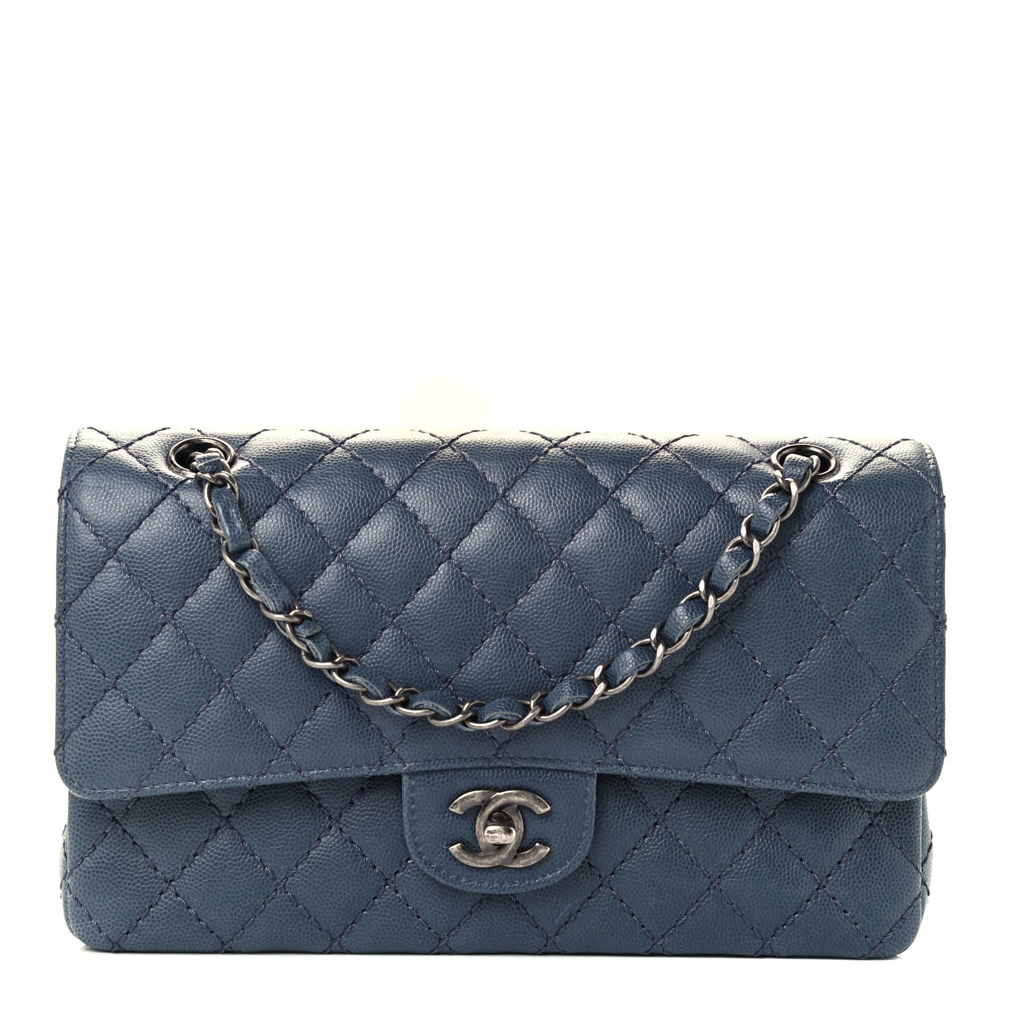 Caviar Quilted Medium Double Flap Grey