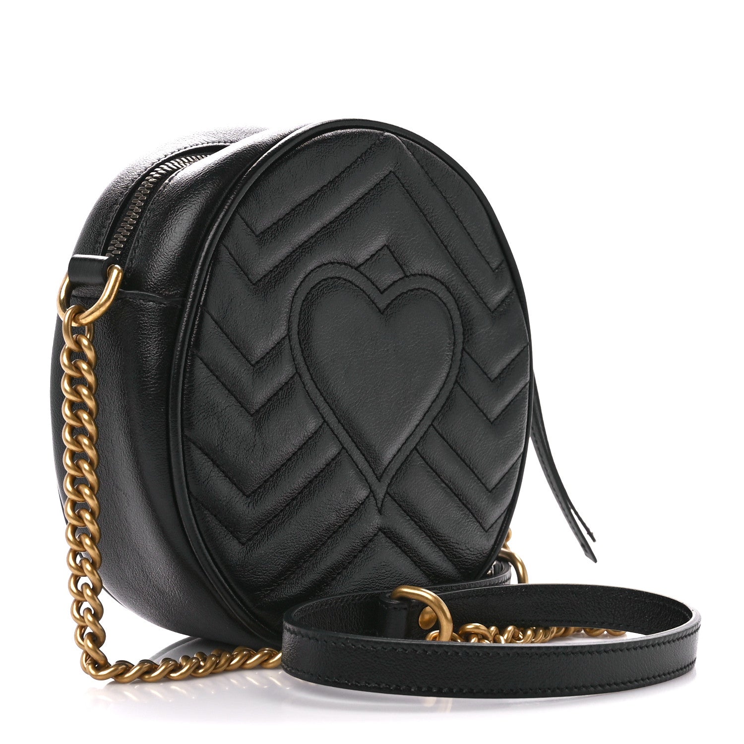 Gucci Azalea Calfskin Matelasse Heart Mini GG Marmont Round Shoulder Bag Black 3 of 11
