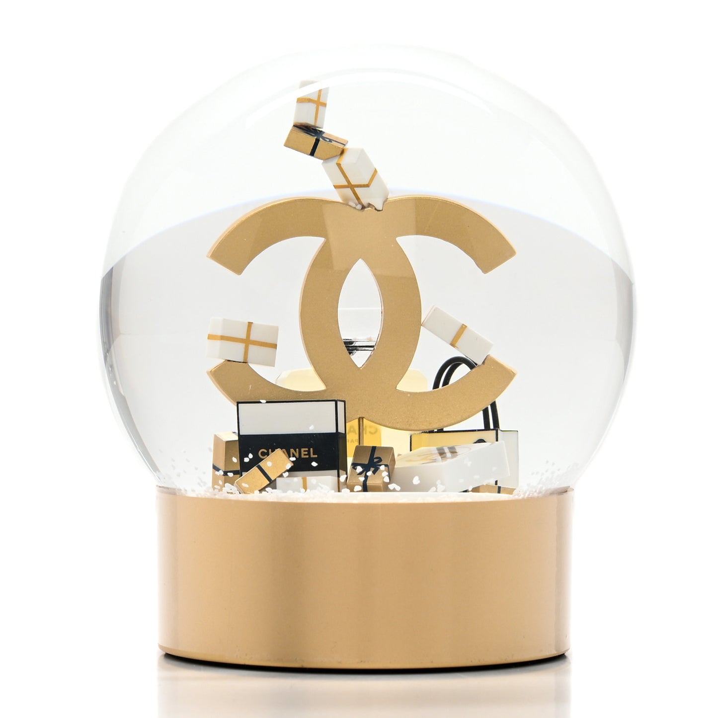 Glass CC Shopping Bag Snow Globe Gold