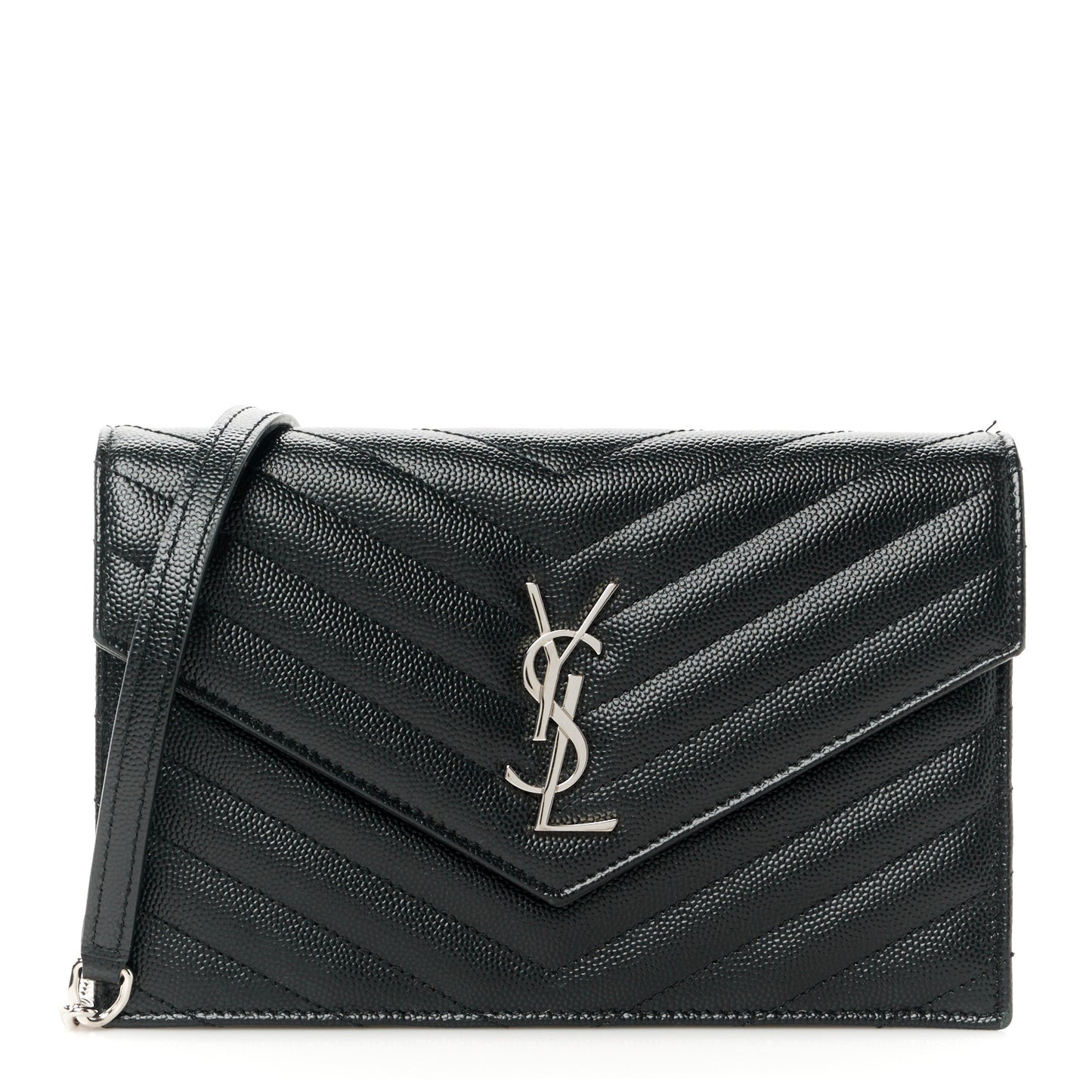 Grain De Poudre Matelasse Chevron Monogram Envelope Chain Wallet Black