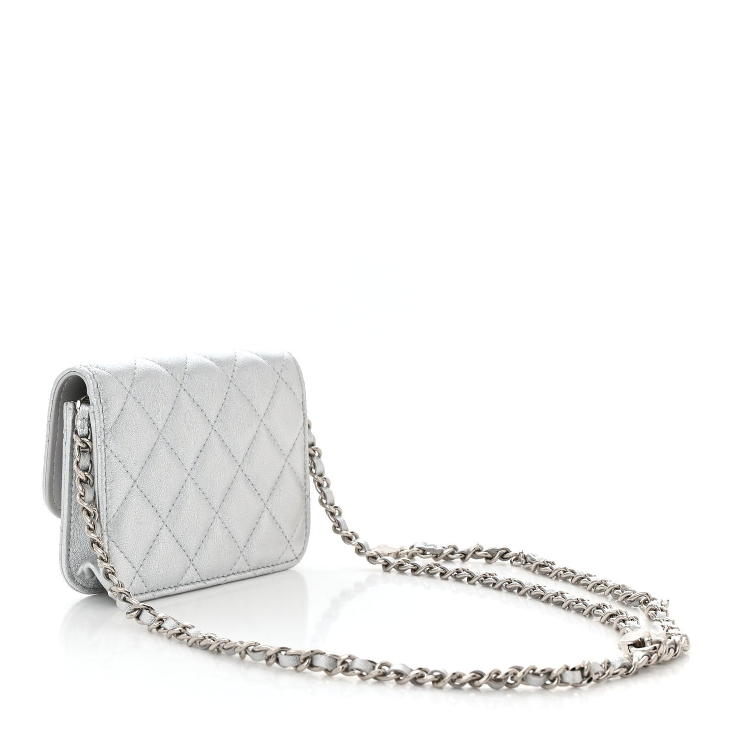 Metallic Goatskin Quilted Crystal CC Walk Of Fame Clutch With Chain Silver