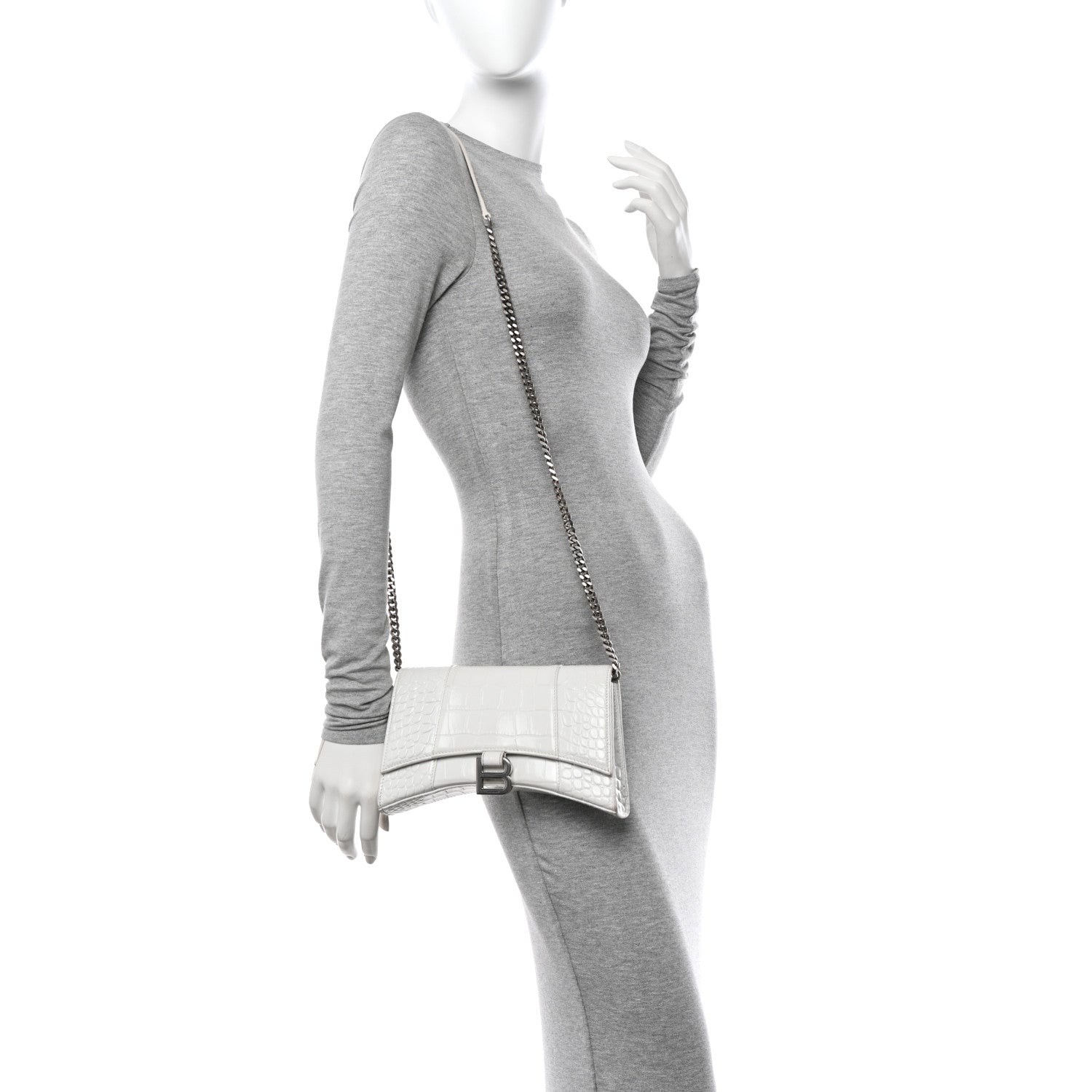 Balenciaga Shiny Calfskin Crocodile Embossed Small Hourglass Evening Chain Bag White 2 of 12