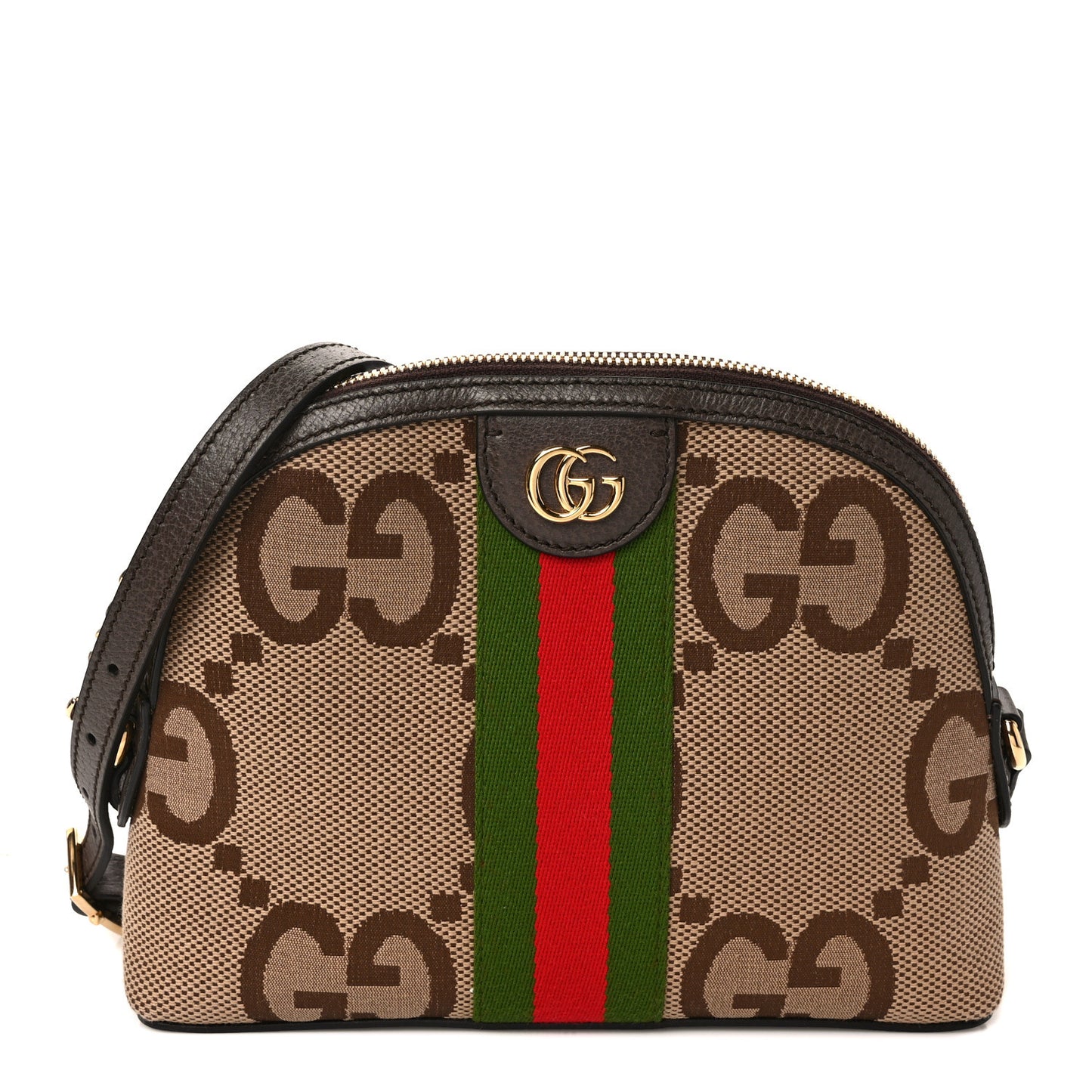 Monogram Jumbo GG Textured Dollar Calfskin Web Small Ophidia Dome Shoulder Bag Camel Ebony New Acero
